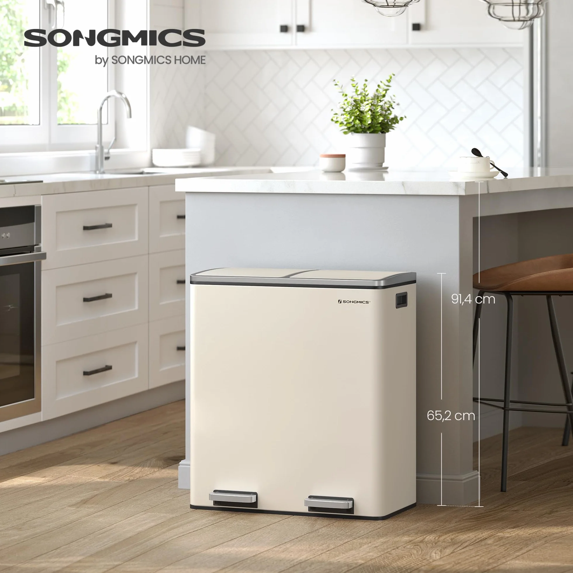 SONGMICS Kosz na śmieci z podwójną komorą 2 x 30 l, metalowe pedały, miękki zamknięcie, hermetyczny, kremowy