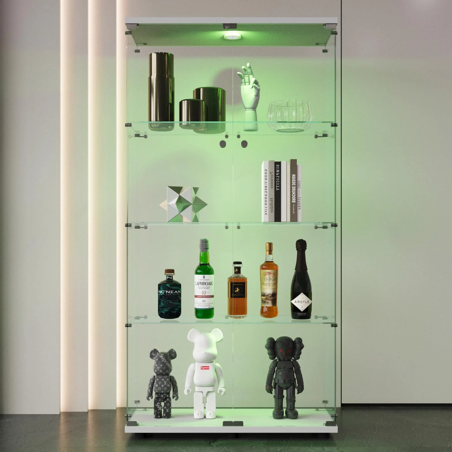 Szklana witryna LED 2 drzwi 4 półki ESG 164x80x36 cm biała