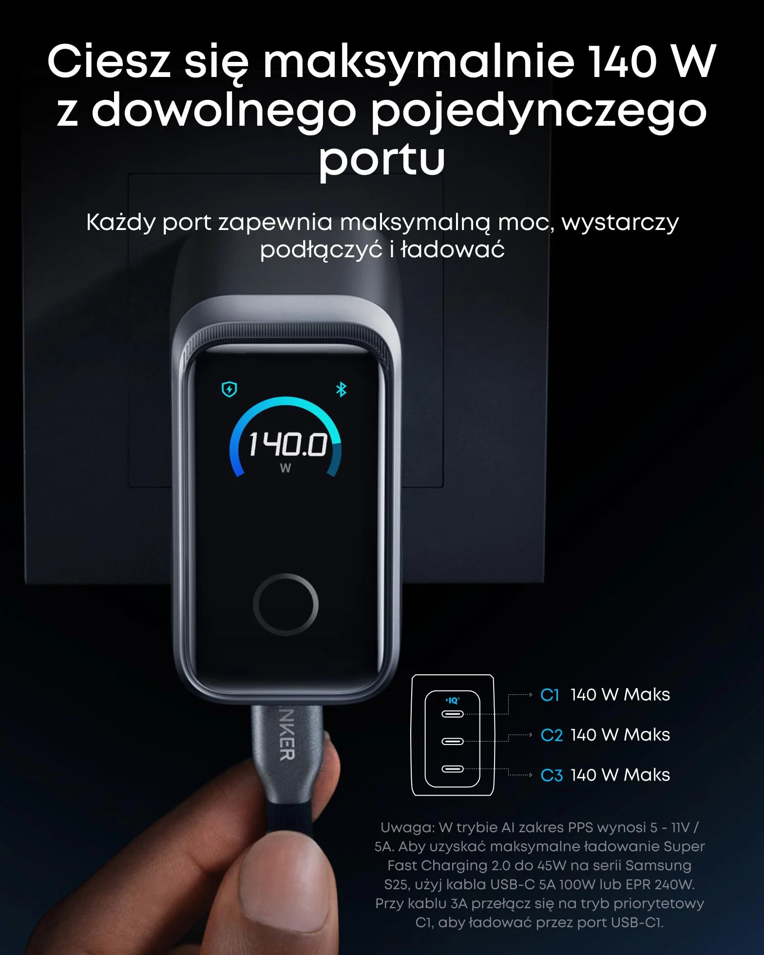 Ładowarka Anker Prime USB-C 160 W Kompaktowa 3-portowa inteligentna wyświetlacz i sterowanie dotykowe Tryb UltraFast 140 W dla laptopów, MacBooków, iPadów, iPhone'ów serii 17/16/15 i innych urządzeń