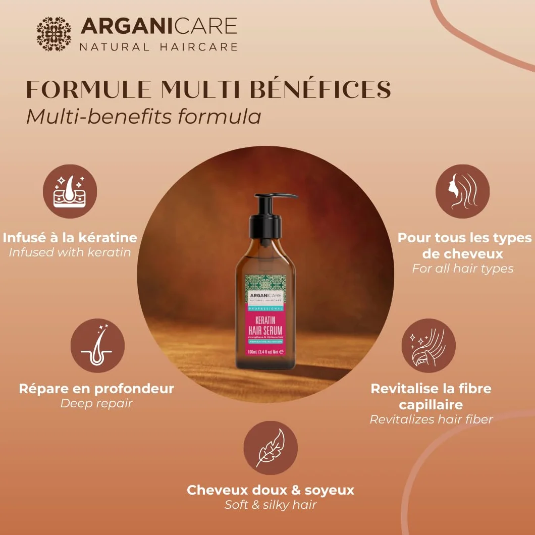 Arganicare | Seria keratynowa | SERUM REPARATACYJNE I ODŻYWCZE | Z organiczną keratyną | Wzmacnia i Chroni | Nie puszące się | Wysokie nawilżenie | Włosy suche i zniszczone | 100 ml