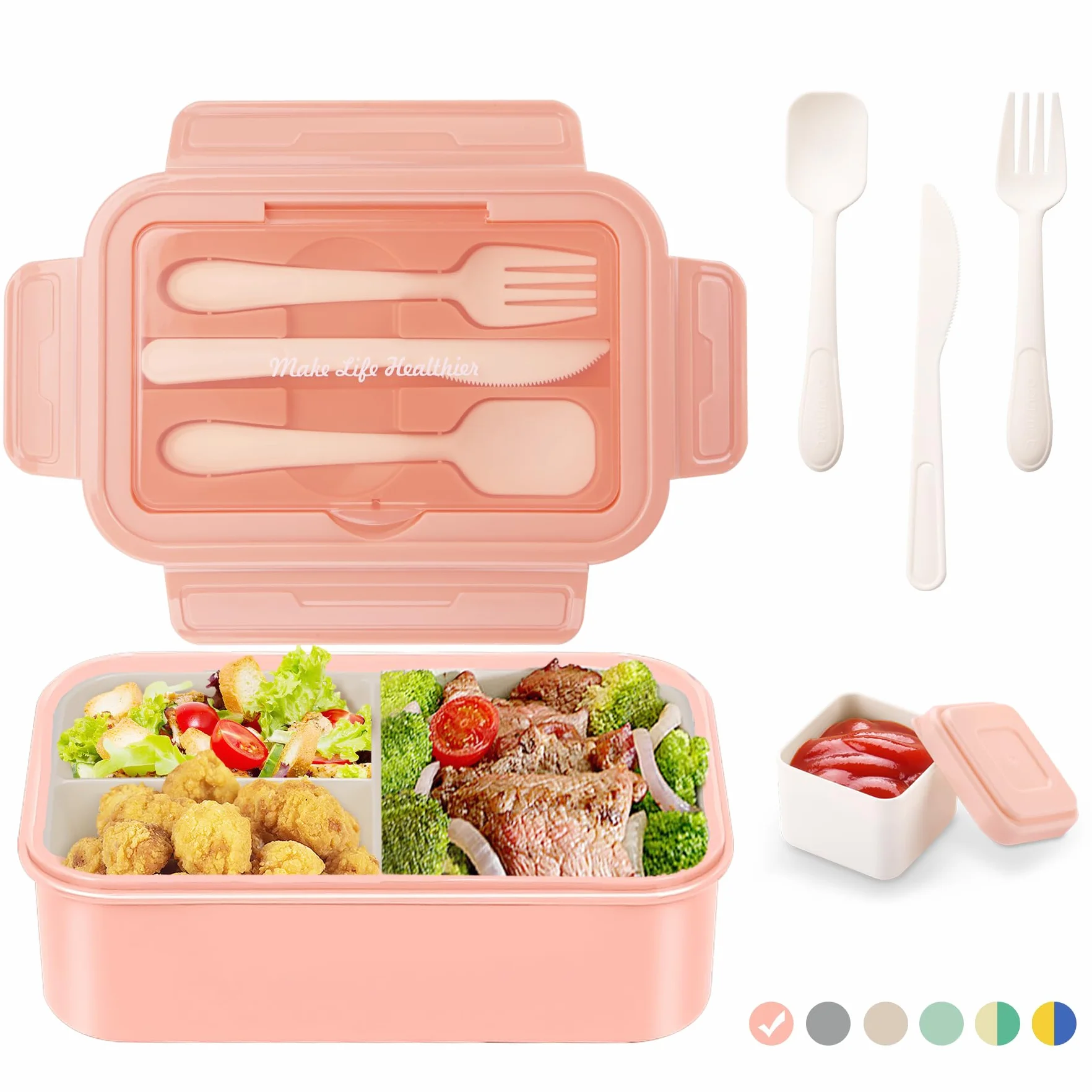 LUZOON pudełko na lunch, Bento Box, śniadaniówka dla dorosłych, 1400 ml, z 3 przegródkami, w zestawie Pudełko ze sztućcami, do kuchenki mikrofalowej i zmywarki, do szkoły, pracy, na piknik, podróż,