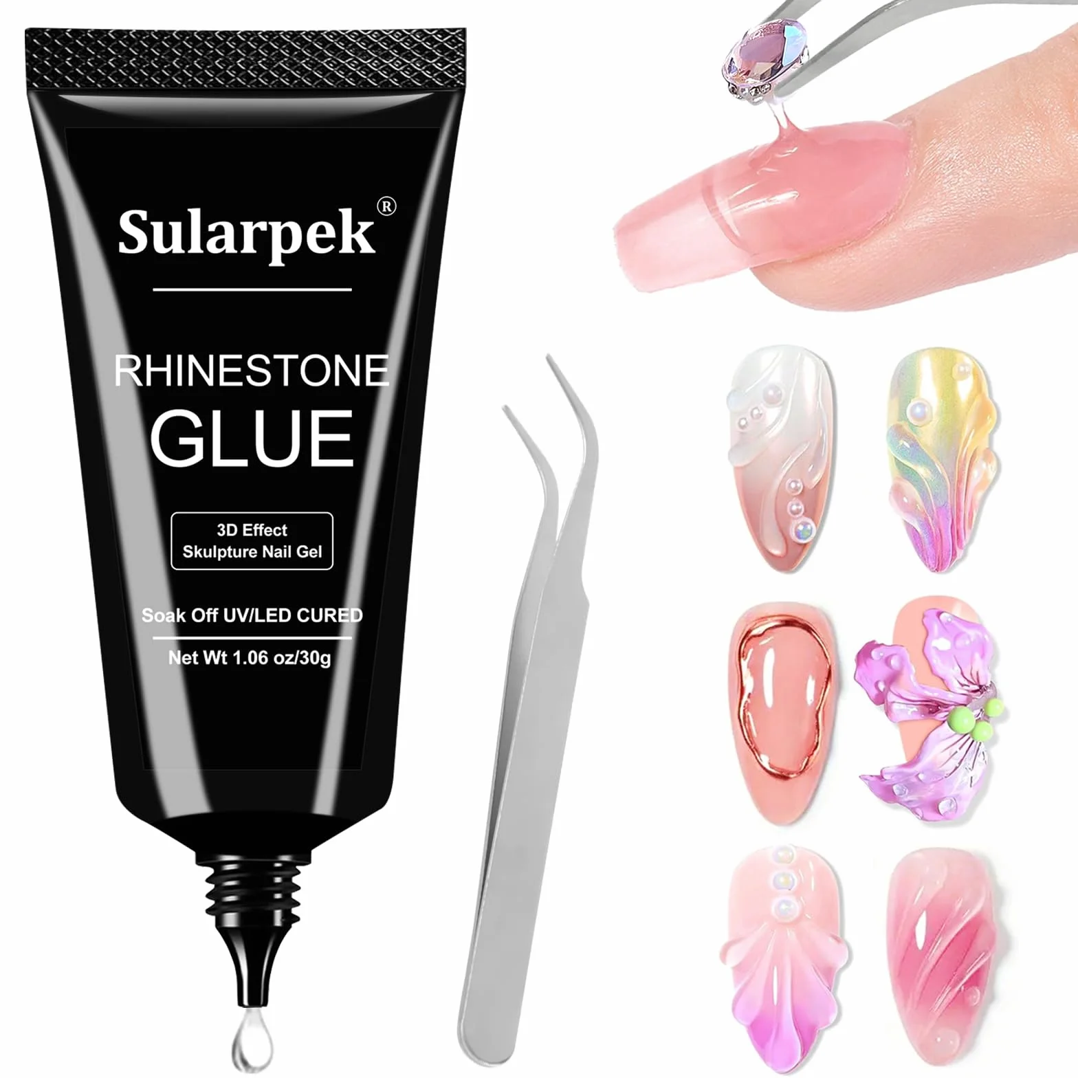 Sularpek Klej ze strasu 30 g, żel do rzeźbienia paznokci 3D, mocny żel samoprzylepny do kamieni strasu, kryształów, klejnotów, diamentów, do salonu i domu, wymagana lampa do paznokci