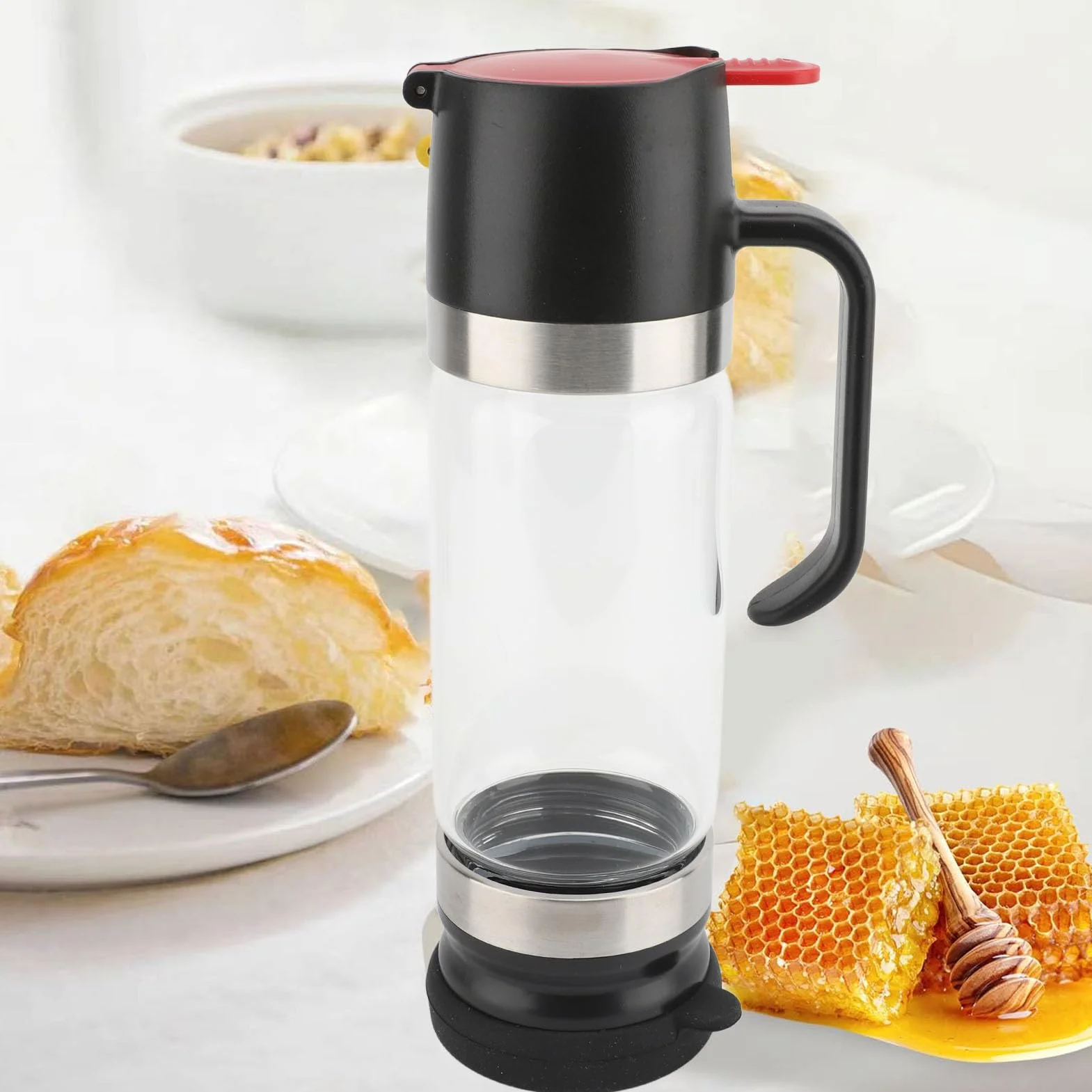 Szklany dozownik do miodu, 350 ml szklany dozownik do miodu bez kapania z uchwytem, ​​szklany dozownik do syropu, szklana butelka do syropu bez kapania do syropu klonowego (BLACK)