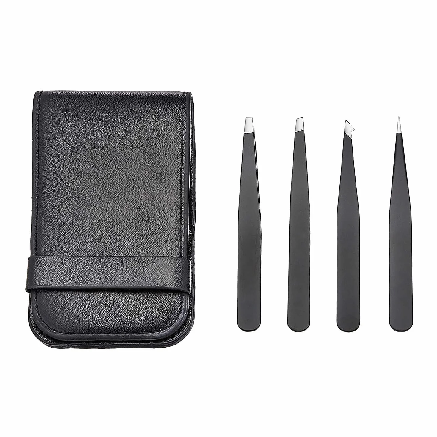 Amazon Basics profesjonalny zestaw pęset do włosków na twarzy, rzęs, brwi, wrastających włosów, wykonany ze stali nierdzewnej, z etui podróżnym, kolor czarny, 4 szt.