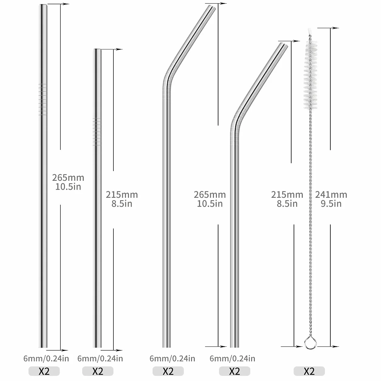 Słomki ze stali nierdzewnej, długie metalowe szczotka do czyszczenia, nadaje się do prania i soków, zestaw 10 sztuk, 265 mm/215 mm (srebrne)