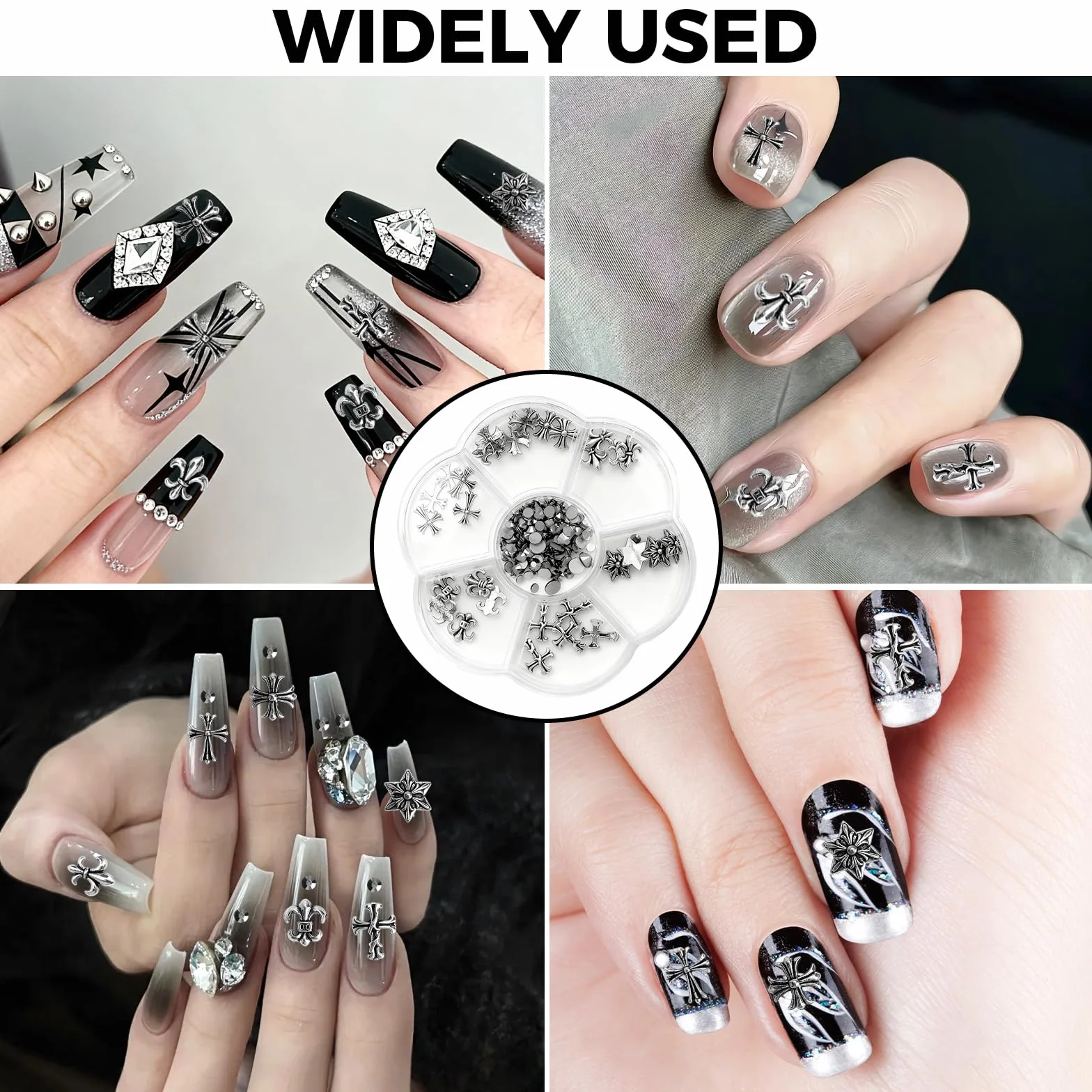 Zestaw 230 sztuk charmsów do paznokci w kolorze srebrnym, vintage Nail Art Charms kamienie, srebrne ozdoby do paznokci i kamienie do paznokci, zawieszki do paznokci, łącznie z pęsetą