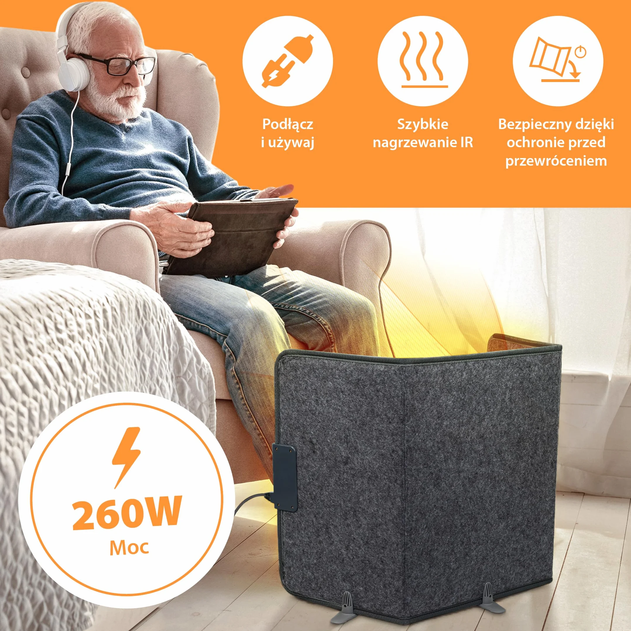 Mi-Heat grzejnik biurkowy na podczerwień panel grzewczy 260W | grzejnik podłogowy do biura biurko stanowisko pracy pod stołem | temperatura do 60°C składany, szary