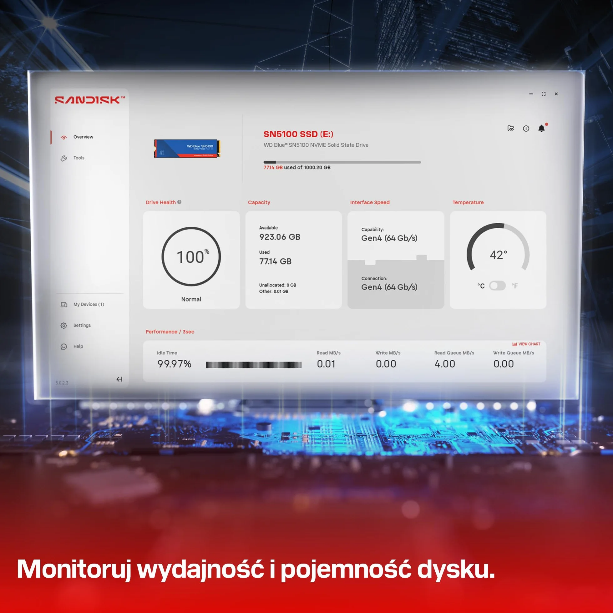 WD Blue SN5100 2 TB NVMe SSD (odczyt do 7 100 MB/s, M.2 2280, PCIe Gen 4.0, nCache 4.0, technologia Sandisk 3D CBA NAND, oprogramowanie do migracji danych Acronis True Image)