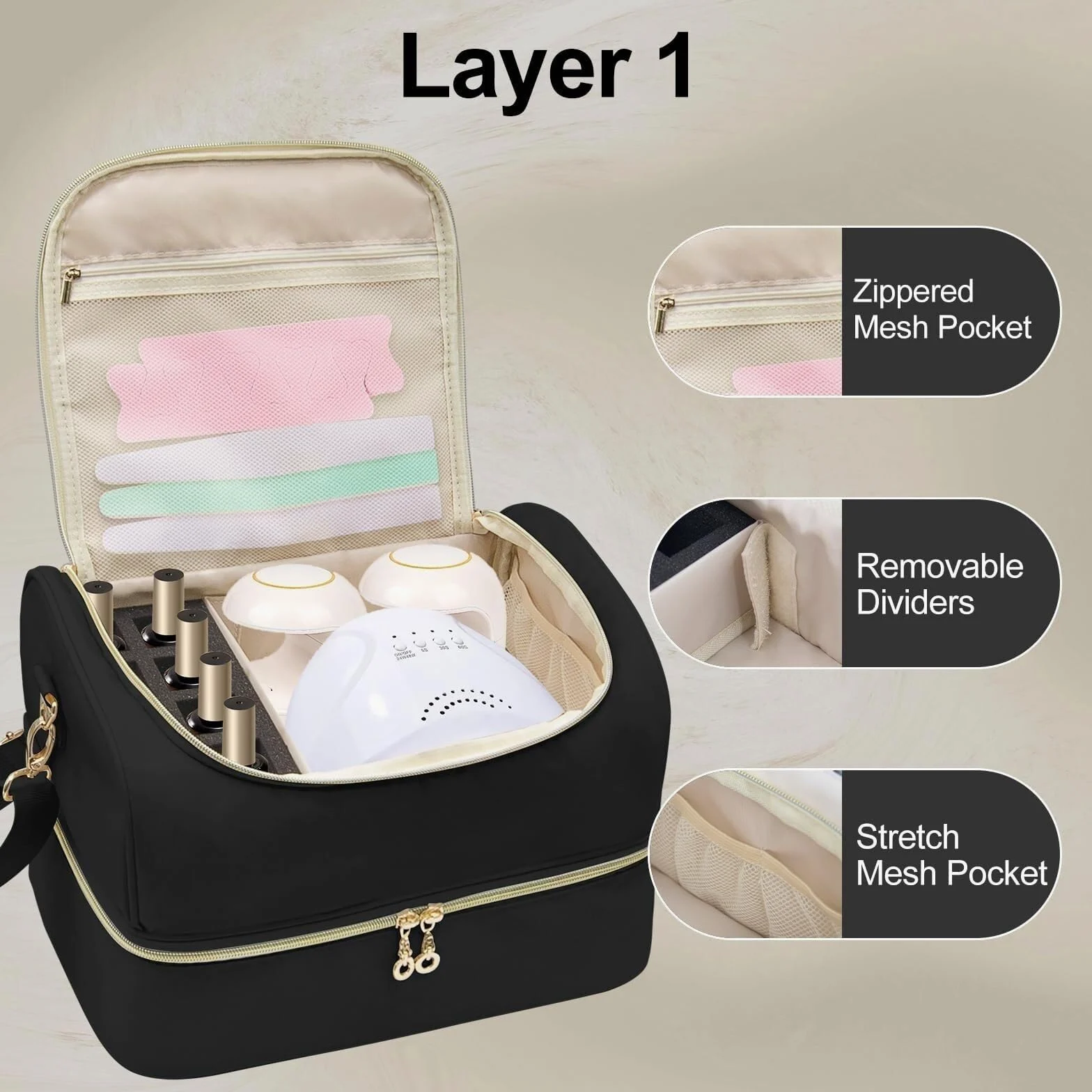 Organizer do Lakieru, Dwuwarstwowa Torba-organizer Na Przybory Do Paznokci, Pudełko Przechowywania 45 Butelek Beauty Makeup Case(Black)
