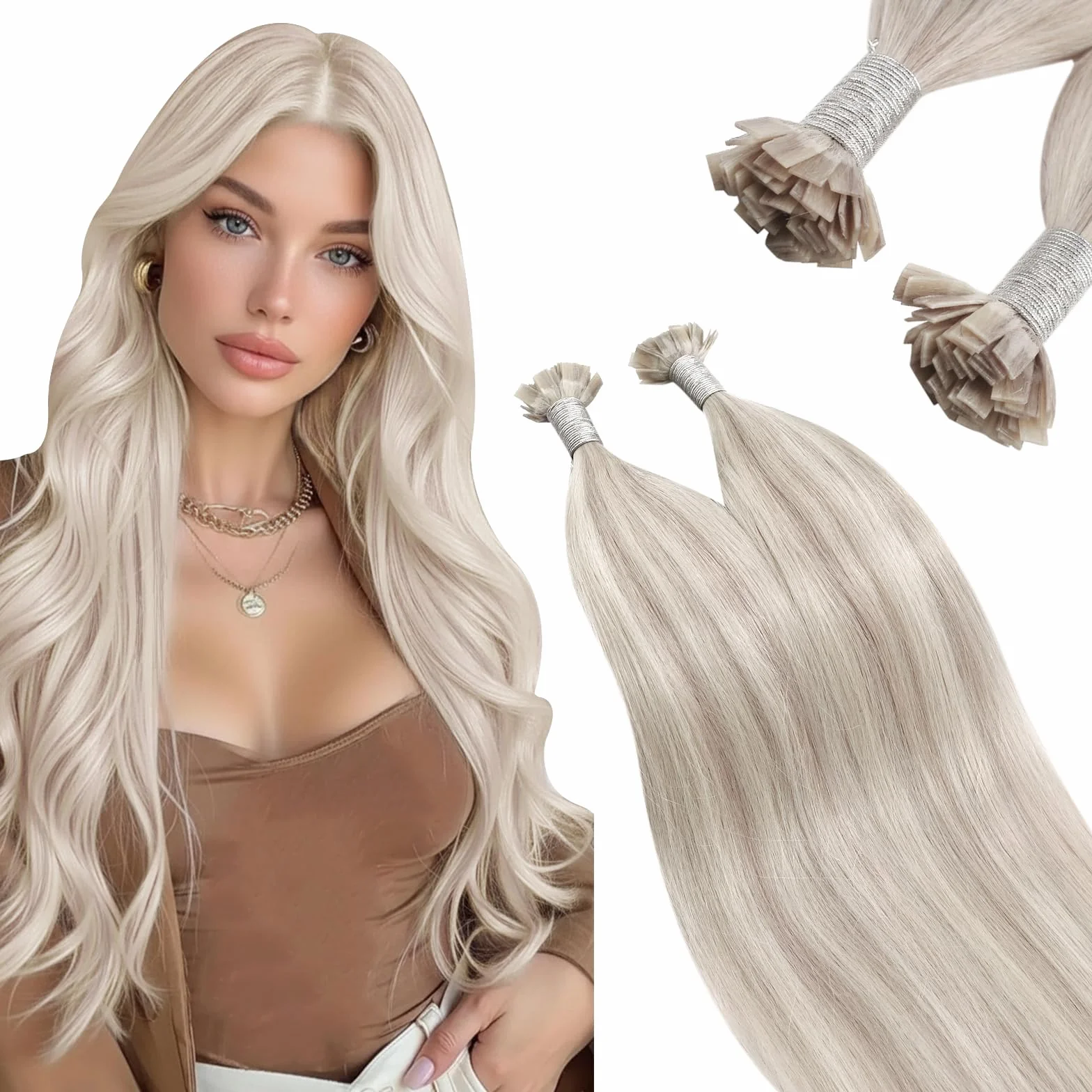 Ugeat Przedłużenia keratynowe z naturalnych włosów z końcówką w kształcie keratyny, włosy ludzkie, 50 g, 50 g, #P18/613, jasny blond