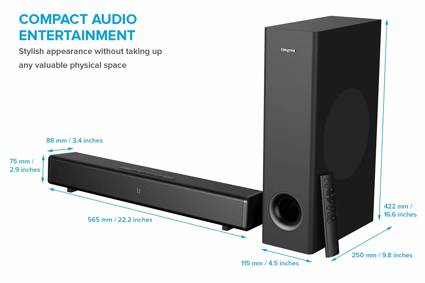 Creative Stage 360 ​​2.1 Soundbar z subwooferem do TV, PC, pulpitu z Dolby Atmos, Surround Sound, HDMI ARC/2.0, Bluetooth, opt. IN, pilot zdalnego sterowania na podczerwień