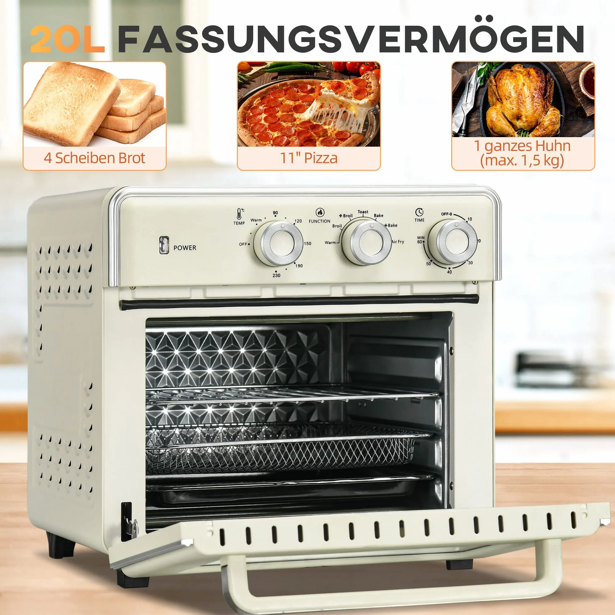 HOMCOM Mini piekarnik 20 l, 7 w 1 piec do pizzy, 1400 W, 90-230℃, termoobieg, kremowo-biały