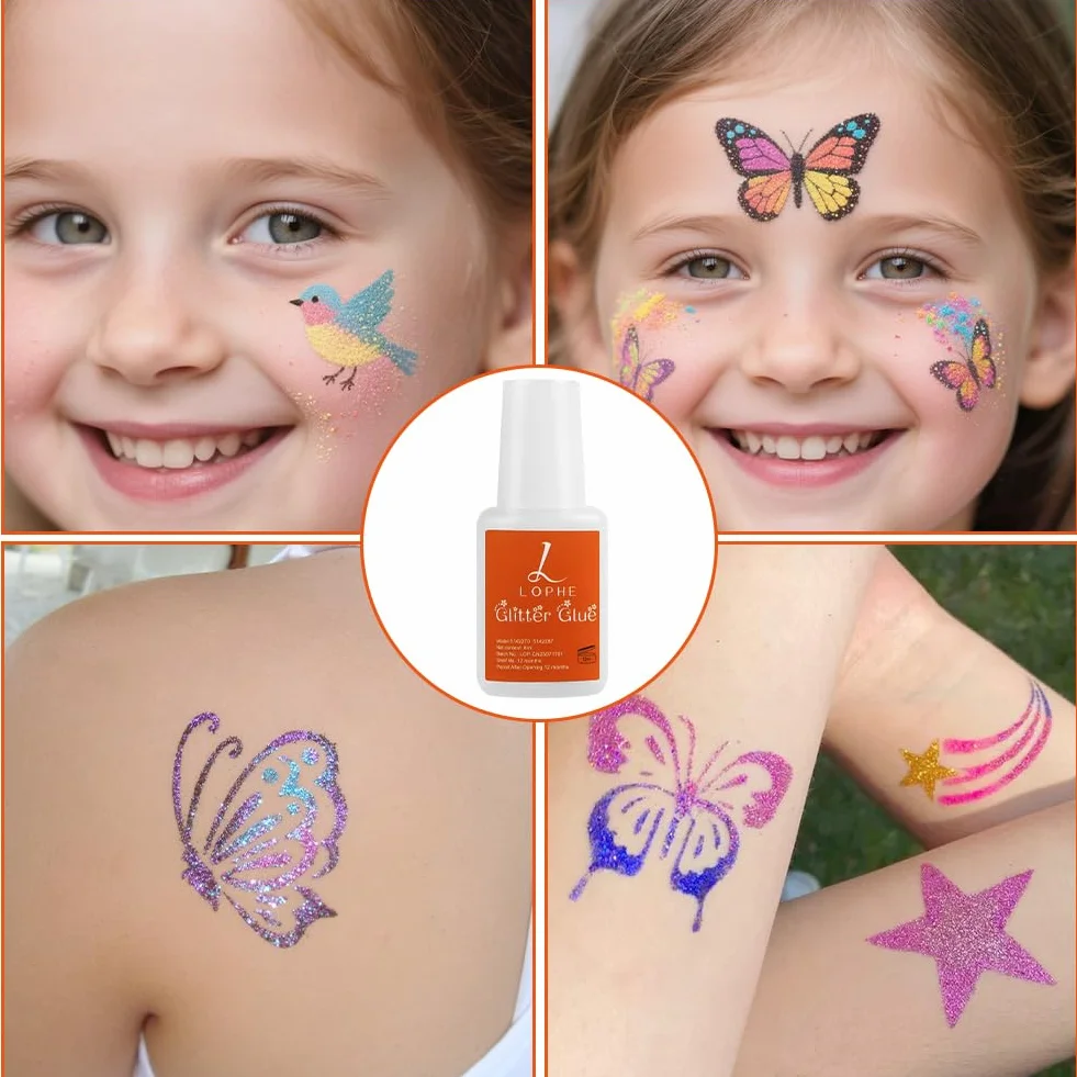 LOPHE Klej do brokatowych tatuaży, 4 x 8 ml, klej do tatuażu, klej brokatowy do ciała, na karnawał, Halloween, make-up