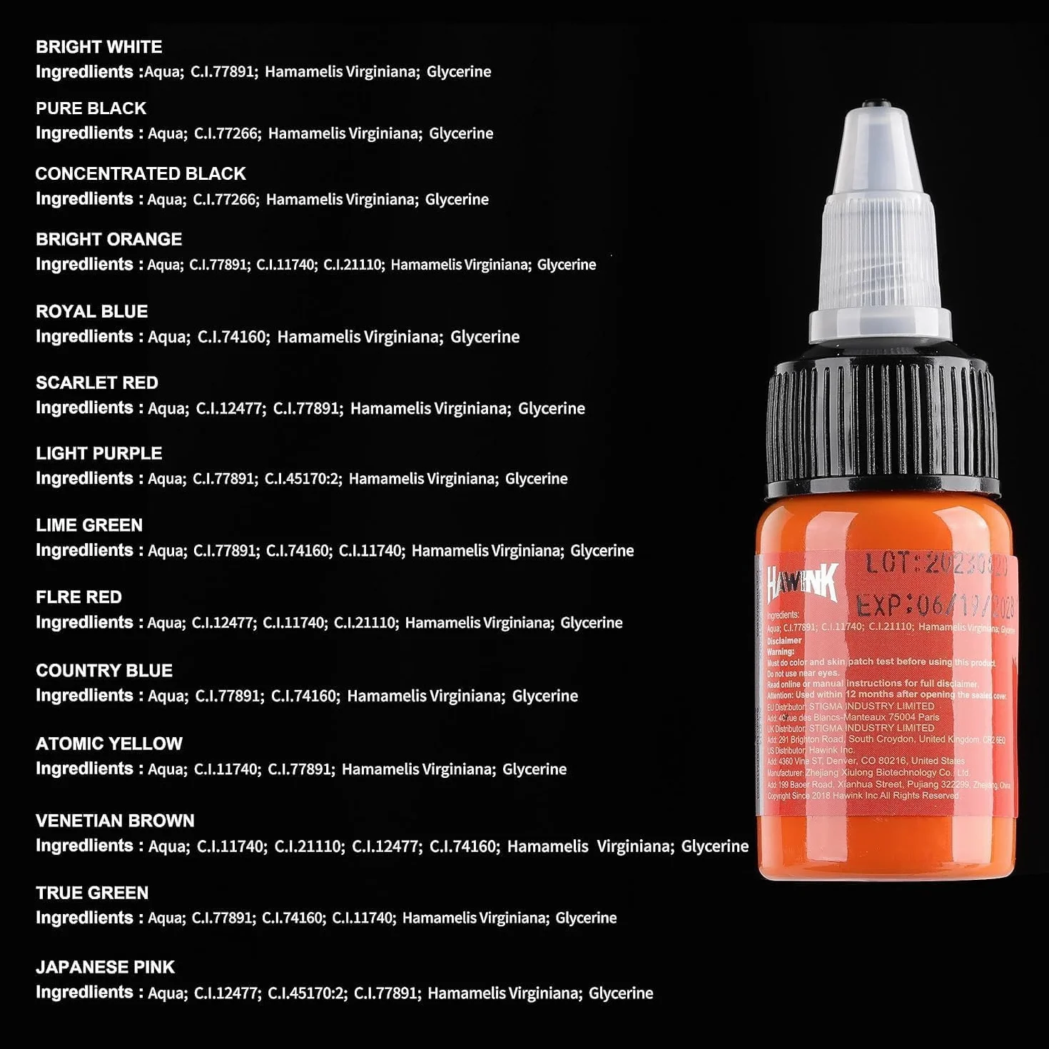 HAWINK Zestaw tuszu do tatuażu 15ml (1/2 oz) Zestaw pigmentów 14 kolorów Tusz do tatuażu USA TI203-15-14