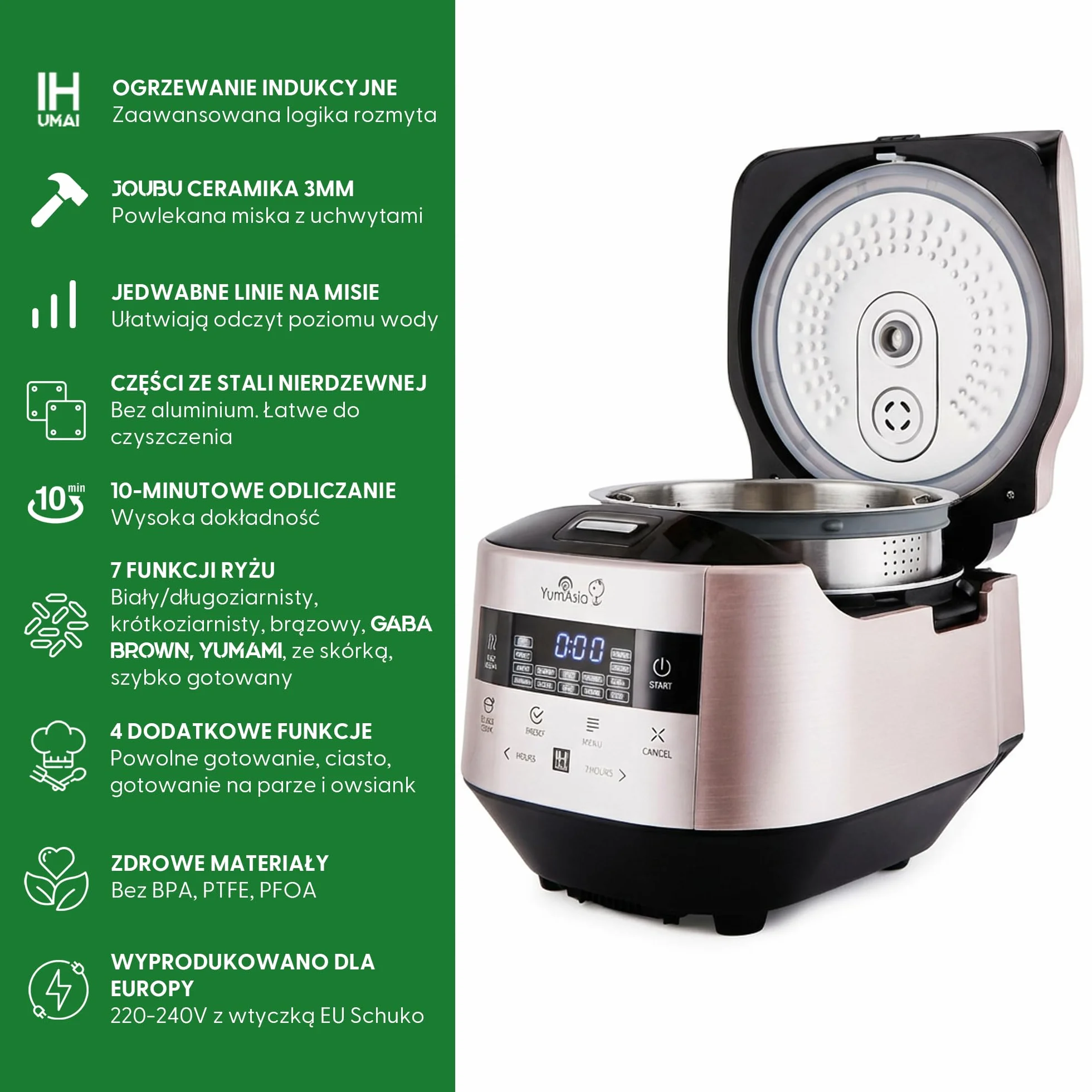 Yum Asia Bamboo szybkowar indukcyjny IH ceramiczna miska 1,5L 220-240V