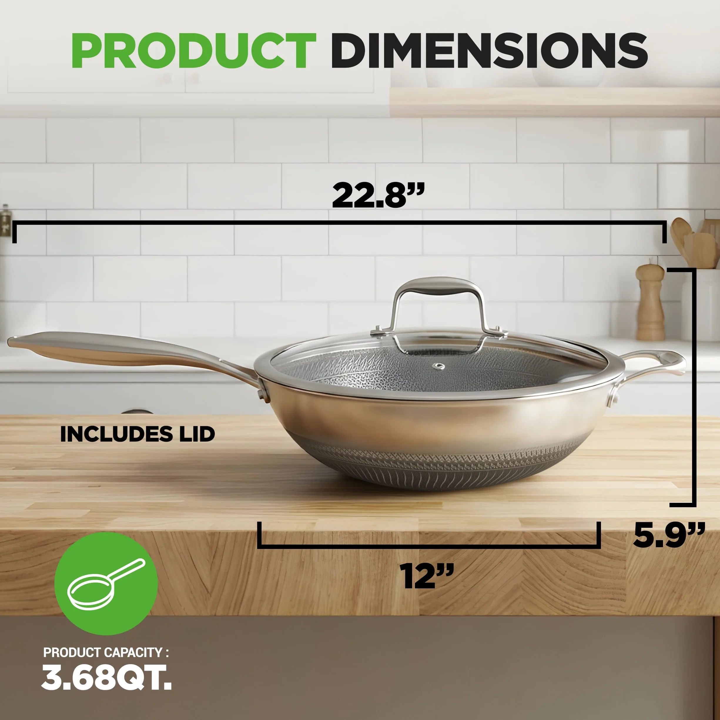 Nutrichef Wok nieprzywierający ze stali nierdzewnej 30 cm, szklana pokrywka, kompatybilny indukcyjnie