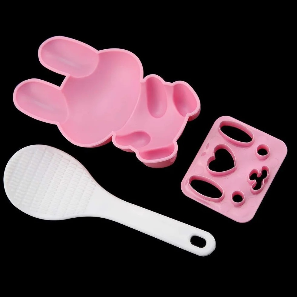 Lebensmittelqualität PP Cartoon Kaninchen Modell 3 Stücke Sushi Reisform DIY Handwerk Onigiri Werkzeug Pink