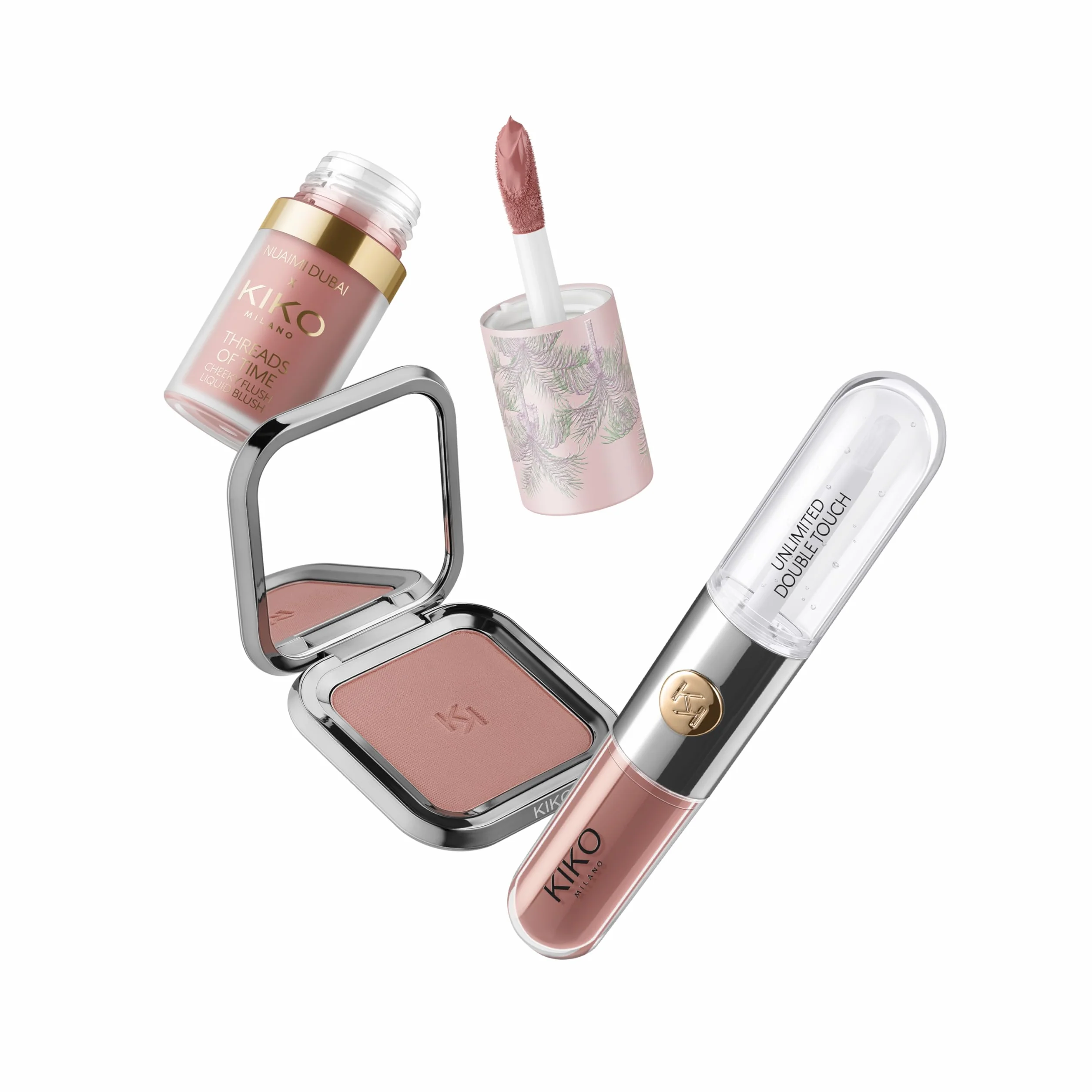 KIKO Milano Threads Of Time Lip To Cheek Make Up Kit, Zestaw upominkowy do makijażu: Pomadka i błyszczyk 2 w 1, róż w płynie i róż w pudrze