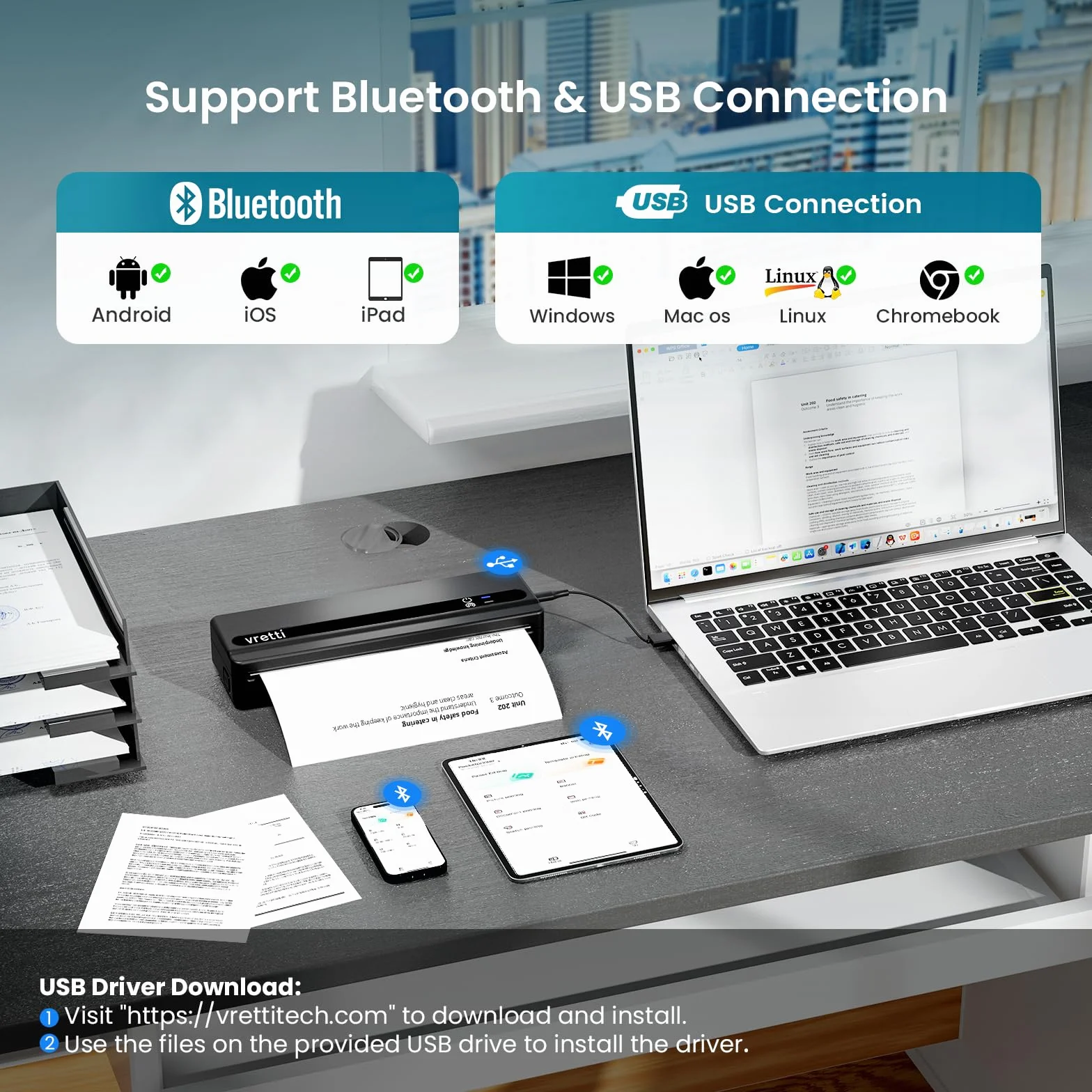 vretti PB821 Przenośna drukarka, Przenośna drukarka termiczna obsługuje drukowanie na papierze termicznym A4, Drukarka termiczna Bluetooth obsługuje iOS i Android, Czarna