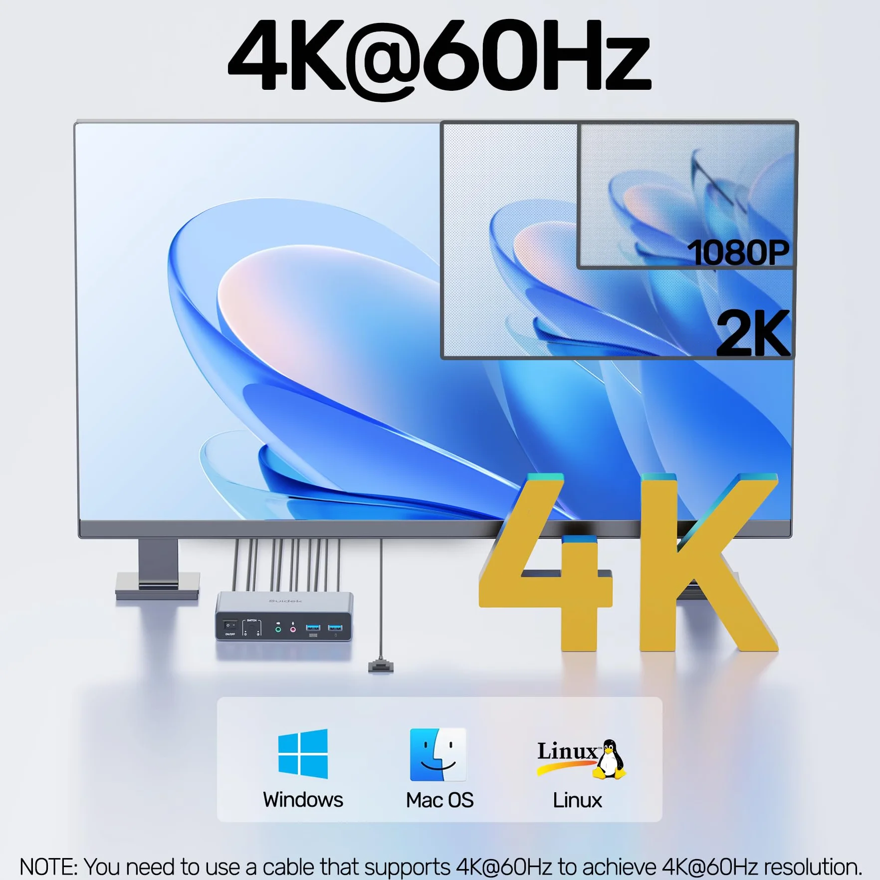 SUIDEK Przełącznik HDMI Displayport KVM, 2 komputery, 2 monitory, 4K 60 Hz, przełącznik KVM, podwójny monitor do 2 PC, 3 porty USB 3.0, obsługa trybu Extended/Mirror z kontrolerem na pulpicie i 2