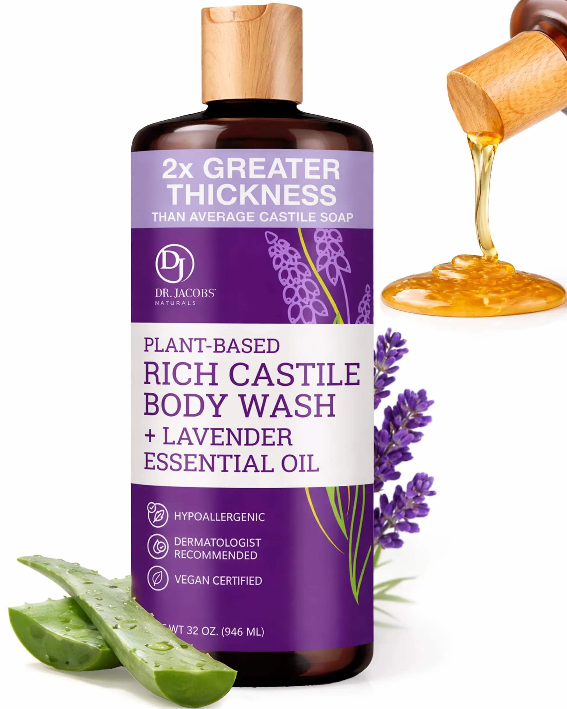 DR.JACOBS NATURALS Kastylia, czyste mydło w płynie, bez oleju palmowego i GMO, naturalny żel do kąpieli do twarzy i ciała, bez parabenów, siarczanów, syntetyki, gltuen, lawenda, 32 uncje