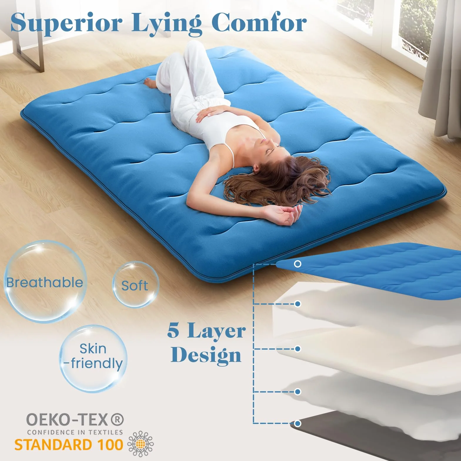 LIFEZEAL Futon materac japoński składany przenośny Tatami 140 x niebieski
