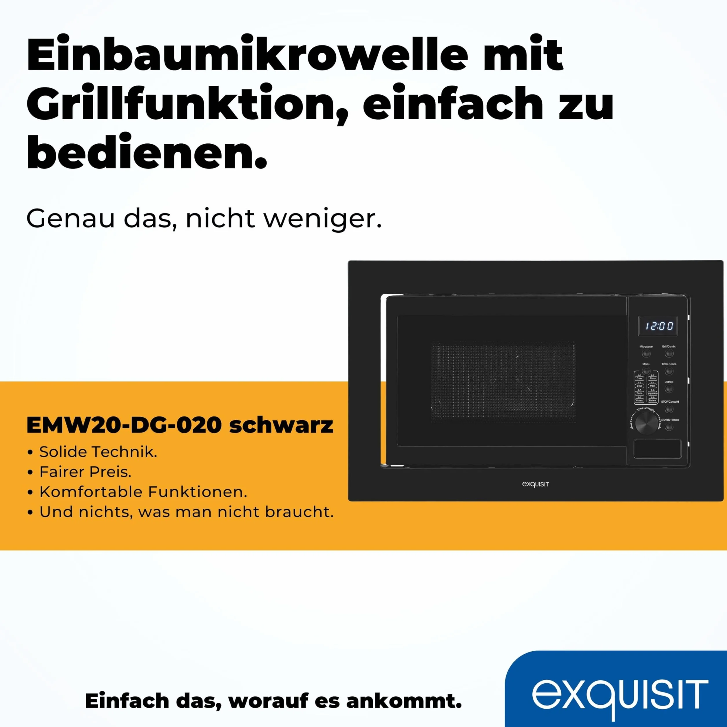 Exquisit Kuchenka mikrofalowa do zabudowy 20 l 800 W z grillem 1000 W czarna stal nierdzewna 8 programów