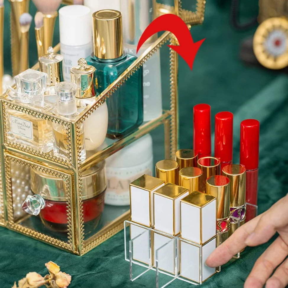 YUEHUA Wielofunkcyjny uchwyt na pędzle do makijażu, w stylu vintage, przezroczyste szkło, organizer na pędzle do przechowywania perfum, lakieru do paznokci, szminek, kremu do twarzy, pędzli do