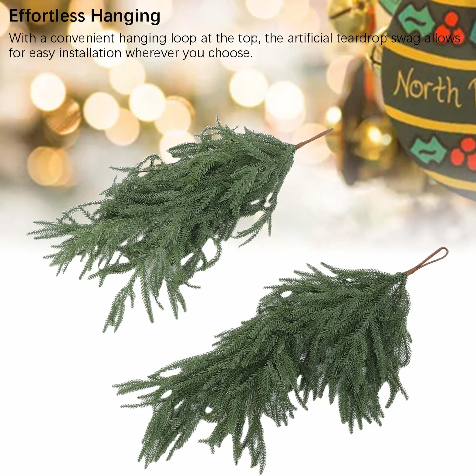 Ausla Norfolk Pine Teardrop Swag, 68 Cm / 26,77 Cali Długości, 2 Sztuki, Zielony Plastik