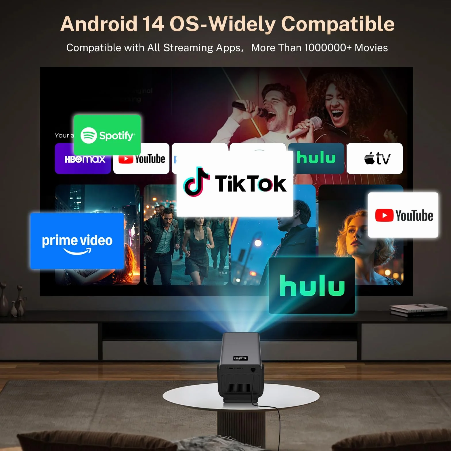 2026 nowy projektor 2000ANSI Smart Projektor Full HD Native 1080p Android14, wbudowane aplikacje autofokus/obsługa Keystone 4K, projektor kina domowego WiFi6 i Bluetooth 5.4, do iOS/Switch/PS5