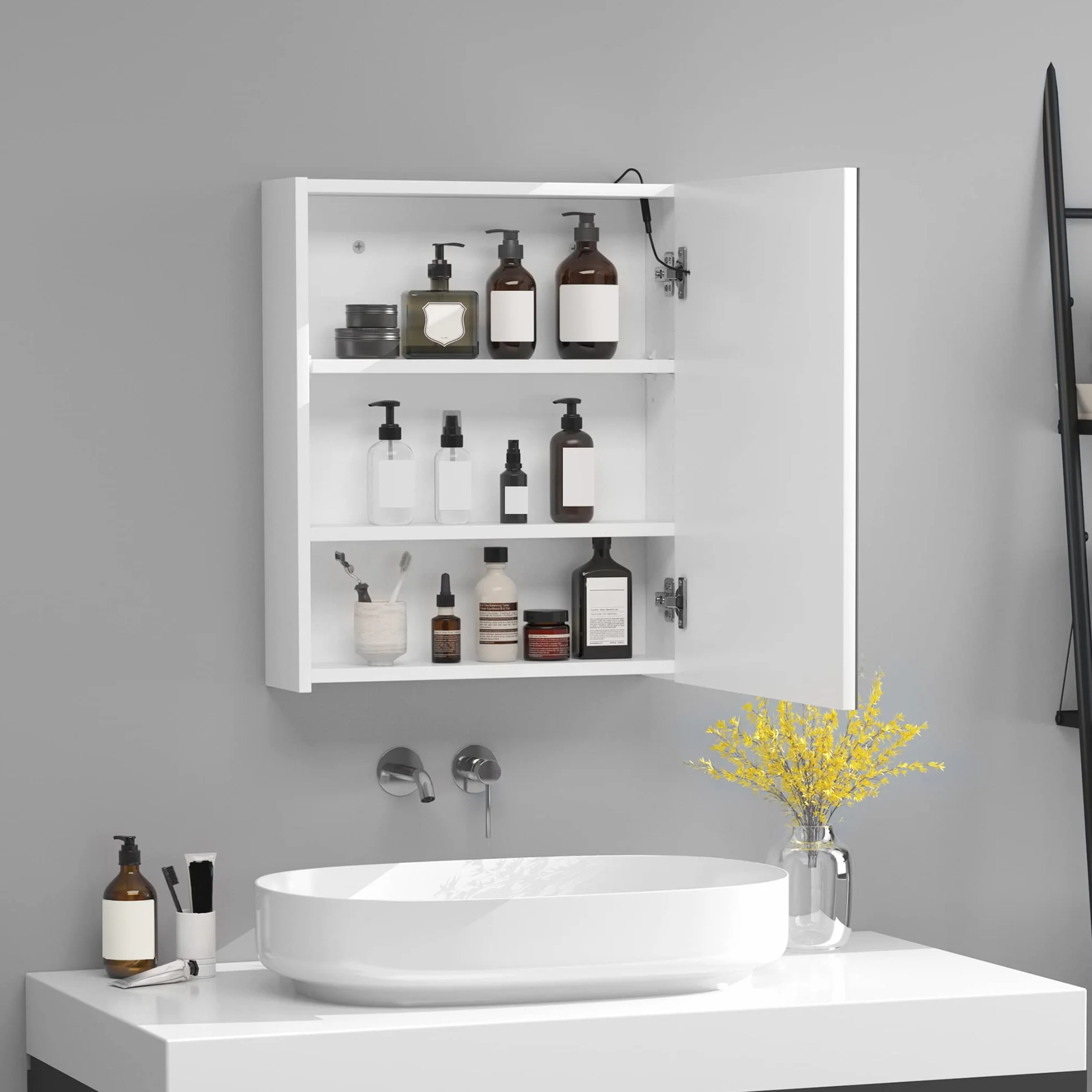 HOMCOM Podświetlane lustro LED Szafka ścienna Projekt łazienki 2 w 1 Słońce. 50L x 15 l x 60H cm MDF Biały