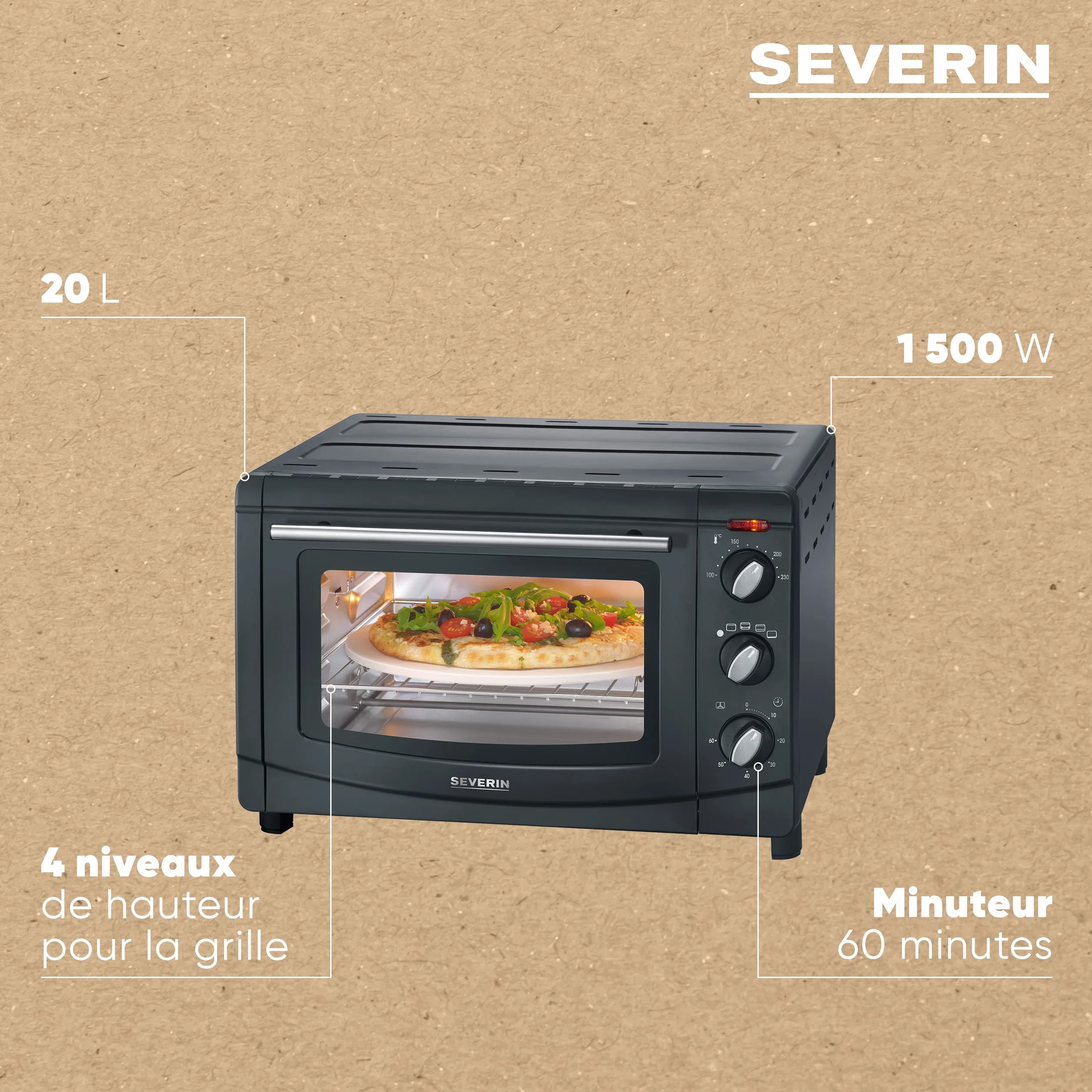 SEVERIN Piec do pieczenia i tostów z termoobiegiem, mini piekarnik z rusztem, blachą, rożnem i kamieniem do pizzy