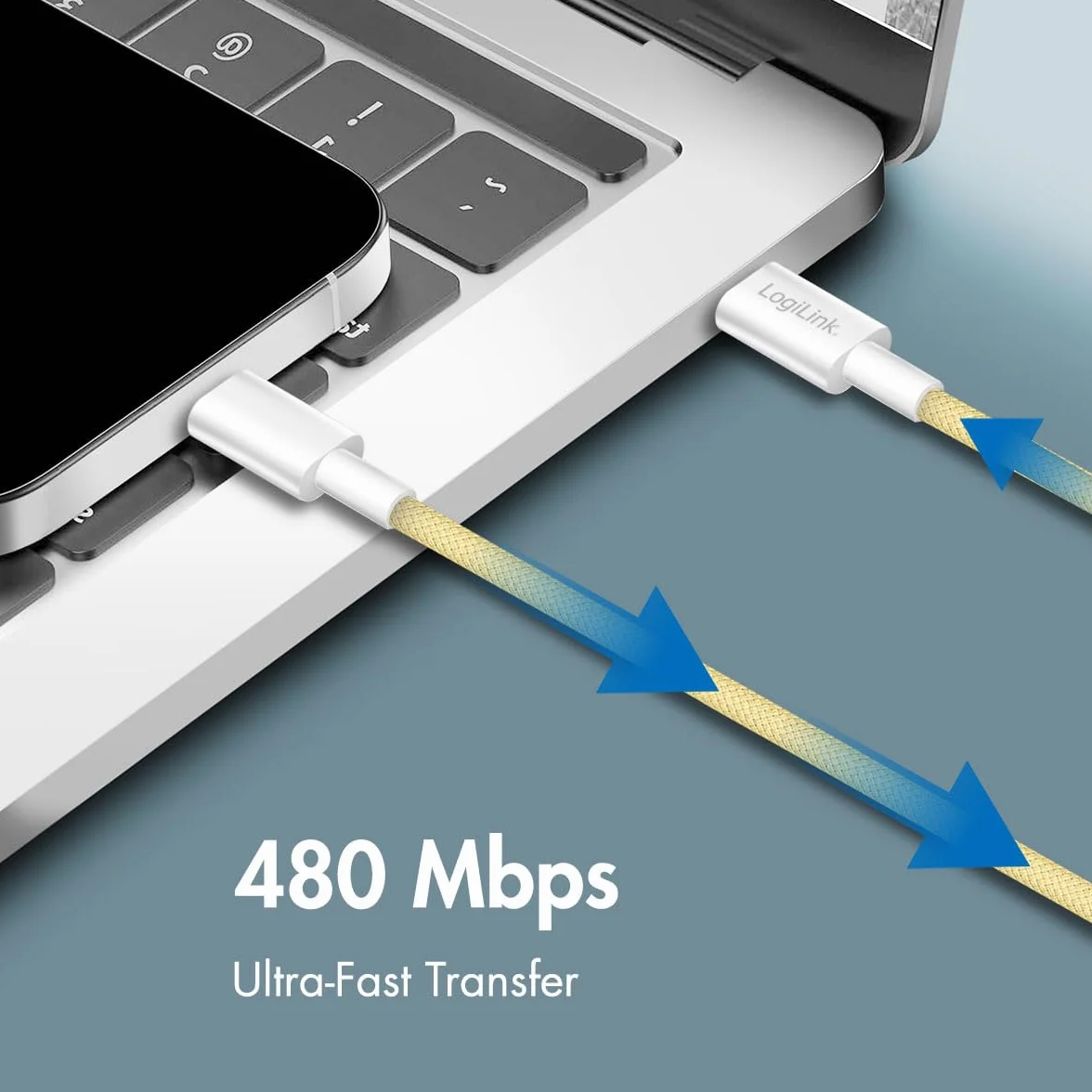 Logilink Kabel przyłączeniowy USB 2.0 typu C, C (wtyczka) do C (wtyczka) z nylonową powłoką, 60 W, żółty, 0,5 m