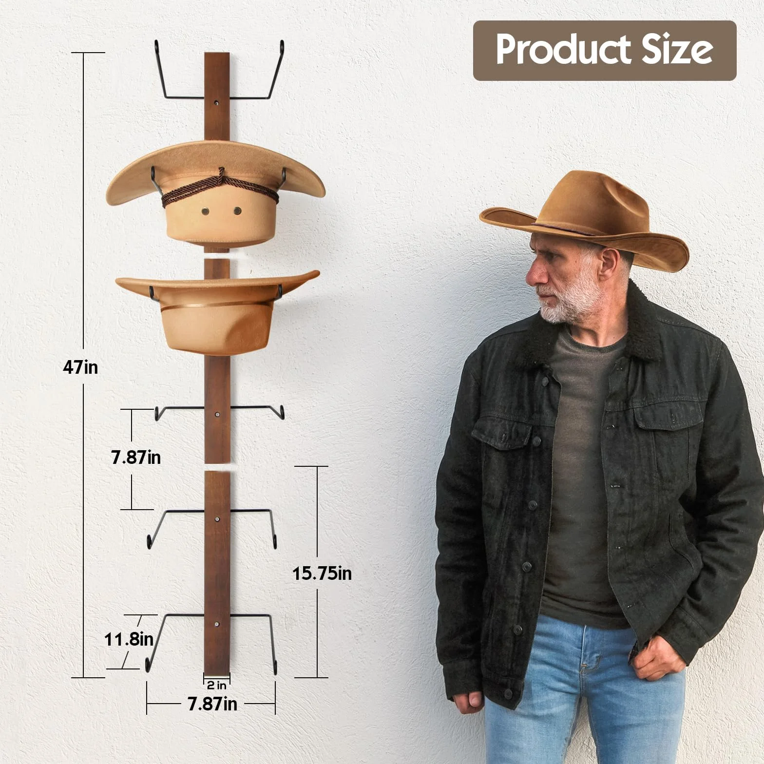 Stojak na kapelusze kowbojskie drewniany metalowy 6 sztuk organizer