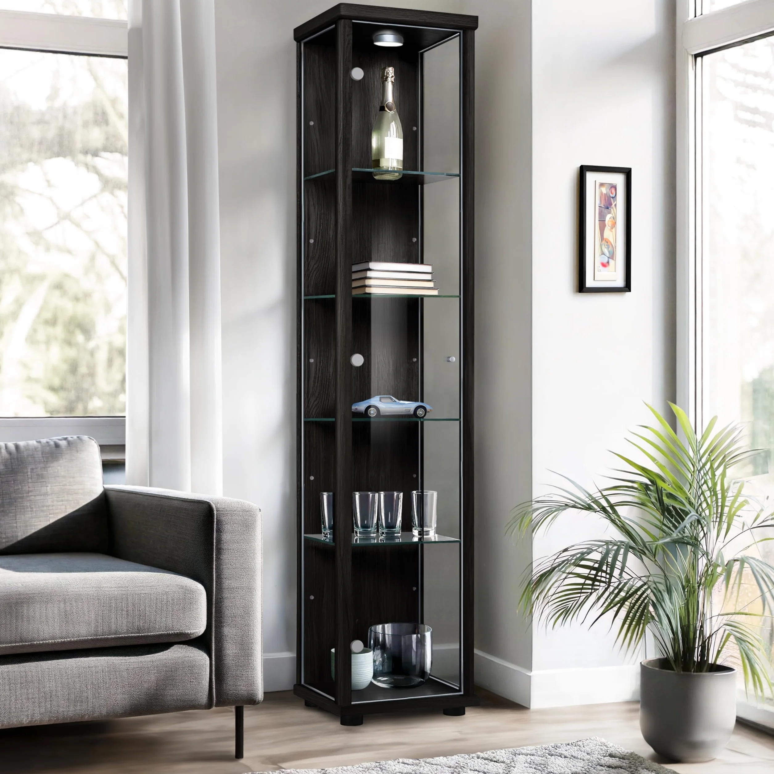 witryna szklana w kolorze czarnym (176x37x33 cm) z 4 regulowanymi półkami szklanymi, LED - gablota na modele samochodów czarna - szafka witryna czarna - gablota kolekcjonerska