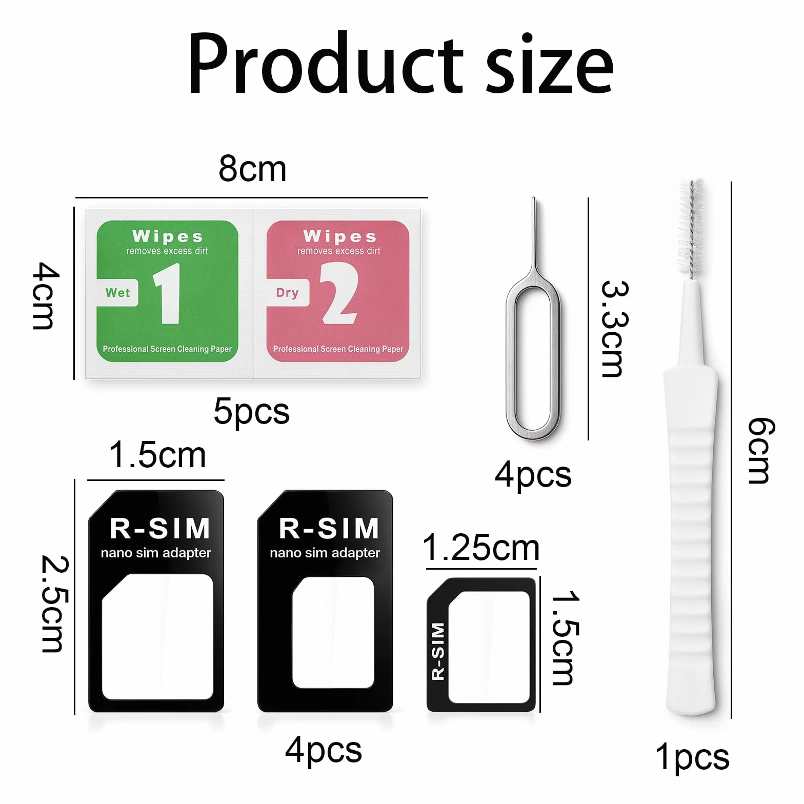 Adapter SIM 4 w 1 z przypinką do wyciągania, szczotką do czyszczenia otworu smartfona i 10 chusteczkami alkoholowymi, adapterem karty SIM do telefonu, kompatybilny ze wszystkimi smartfonami
