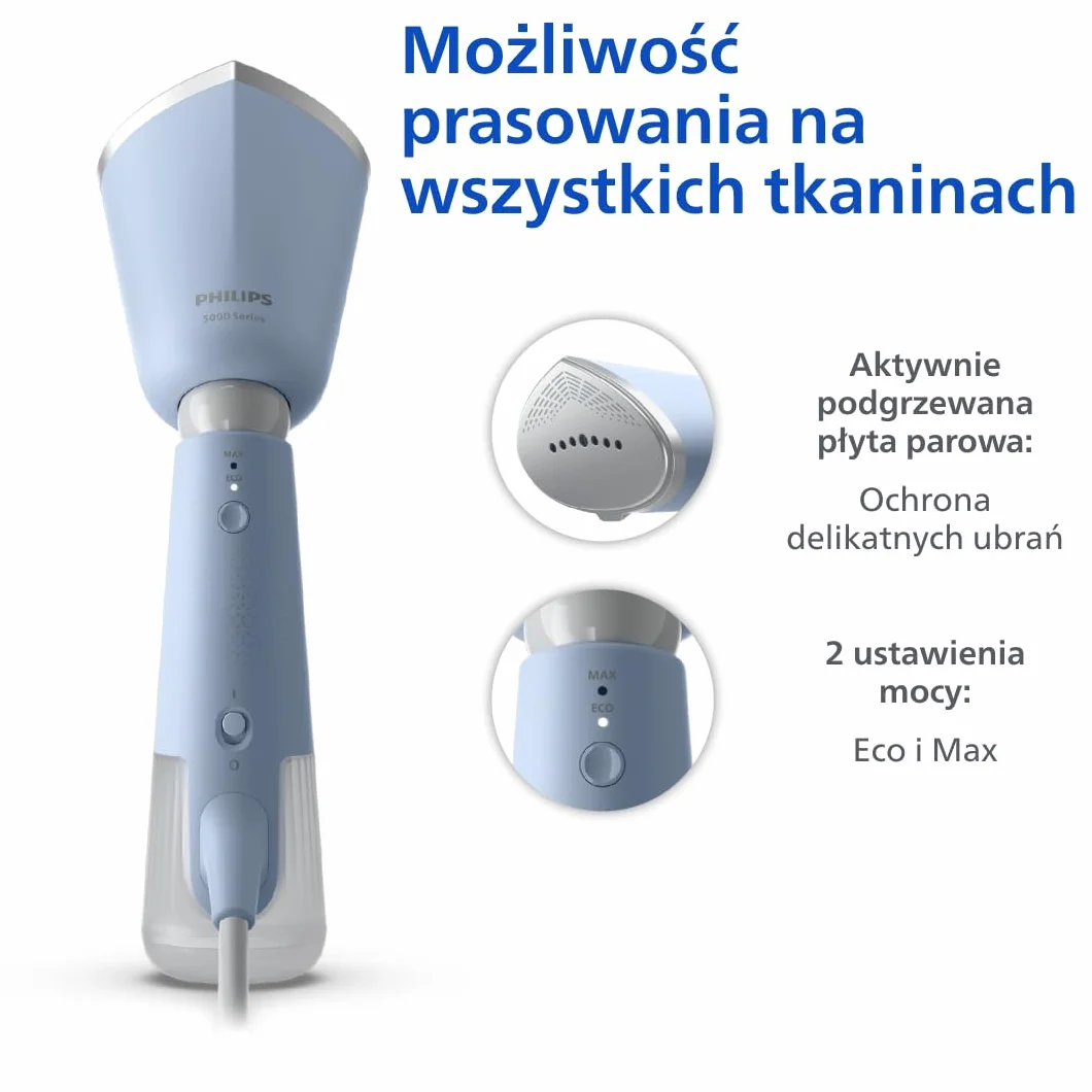 Philips parownica ręczna z serii 5000 - gotowa do pracy w 35 sekund, aktywnie podgrzewana płyta parowa, Eco/Max, delikatna dla delikatnych tkanin, parowanie w pionie i poziomie, niebieski (STH5020/20)