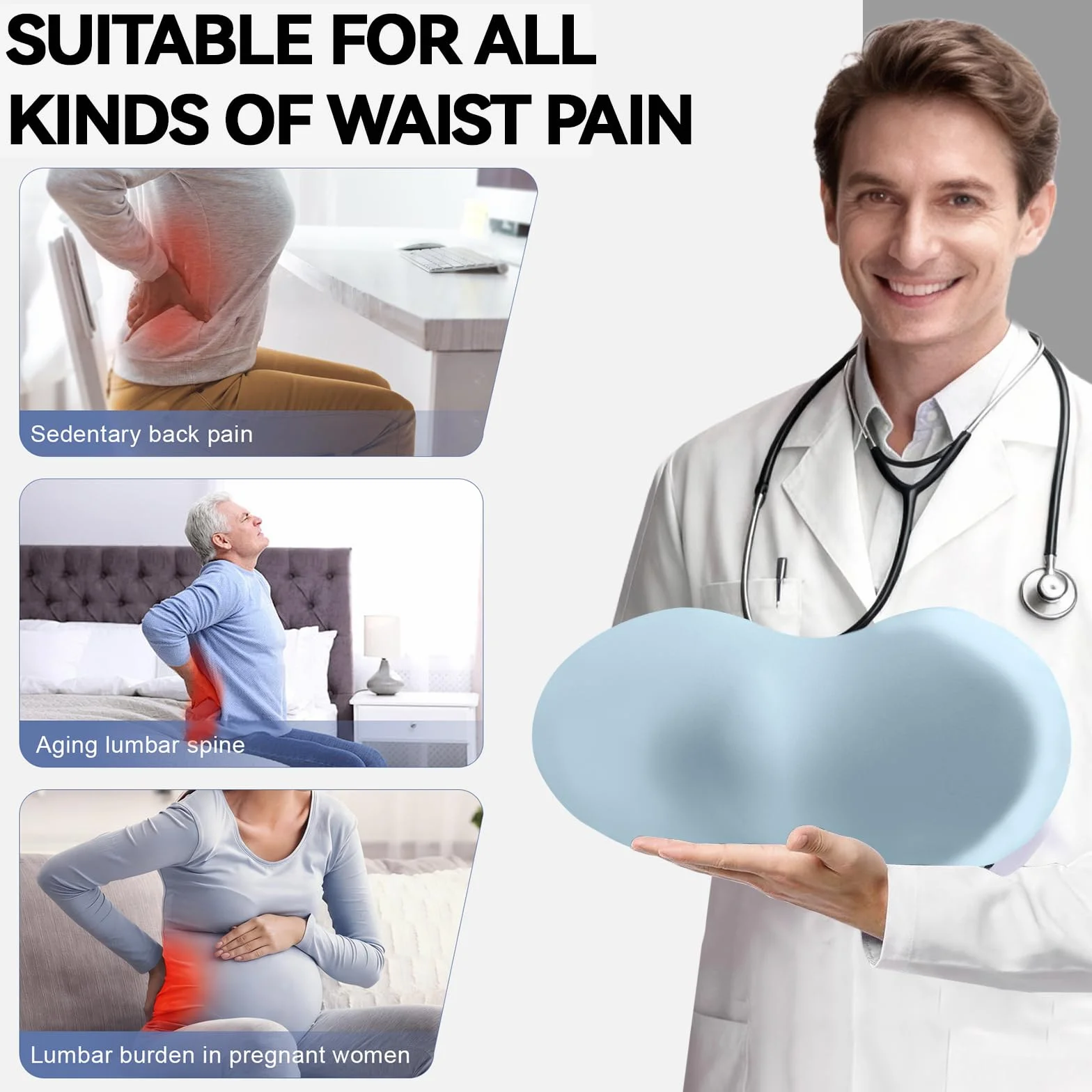 Poduszka lędźwiowa z pianki z pamięcią kształtu, ergonomiczna poduszka pod plecy, ortopedyczna poduszka na łóżko, krzesło, krzesło samochodowe i biurowe, do odciążenia (niebieska)