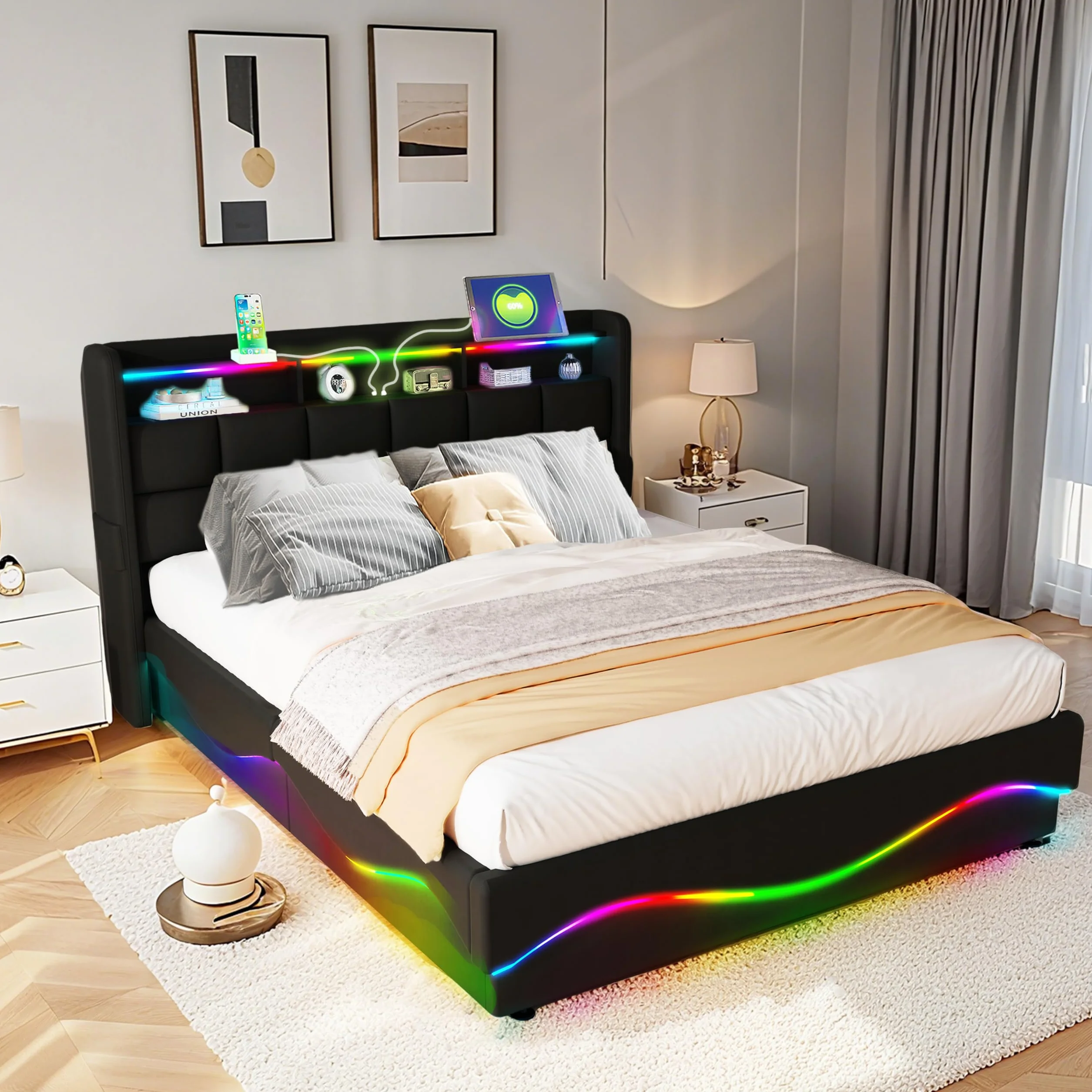 Łóżko z Pojemnością 140x200 cm LED USB/Type-C Stacja Ładowania Skóra Czarny