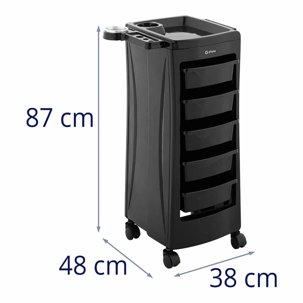 Physa PHYSA-RR-10 Wózek Fryzjerski, 10 kg, 5 Szuflad, Uchwyt na Suszarkę, Czarny, Wózek Roboczy