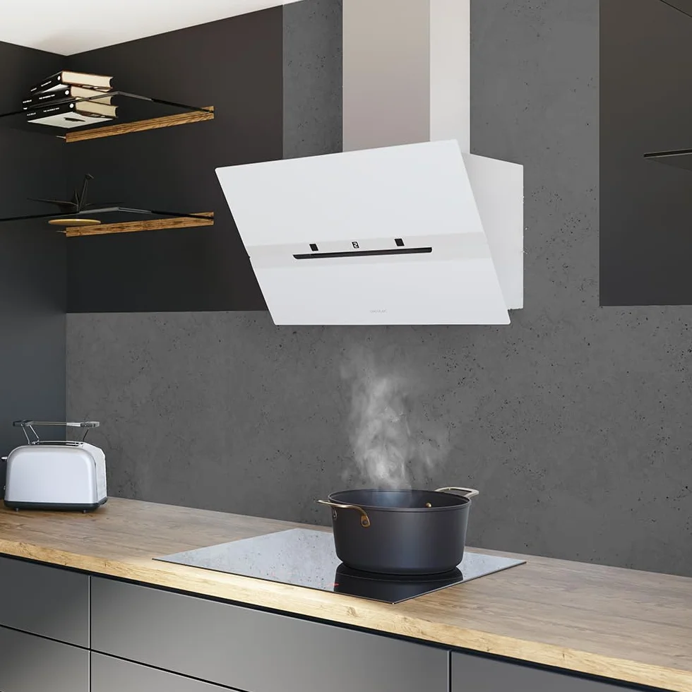 Cecotec Okap próżniowy 60 cm szkło hartowane. Bolero Flux DT 608010 szkło białe A++ 210 W, okap 60 cm, szkło białe, przepływ powietrza 800 m3/h, A++, elektroniczny, LED, węgiel Ø176, aluminium 5