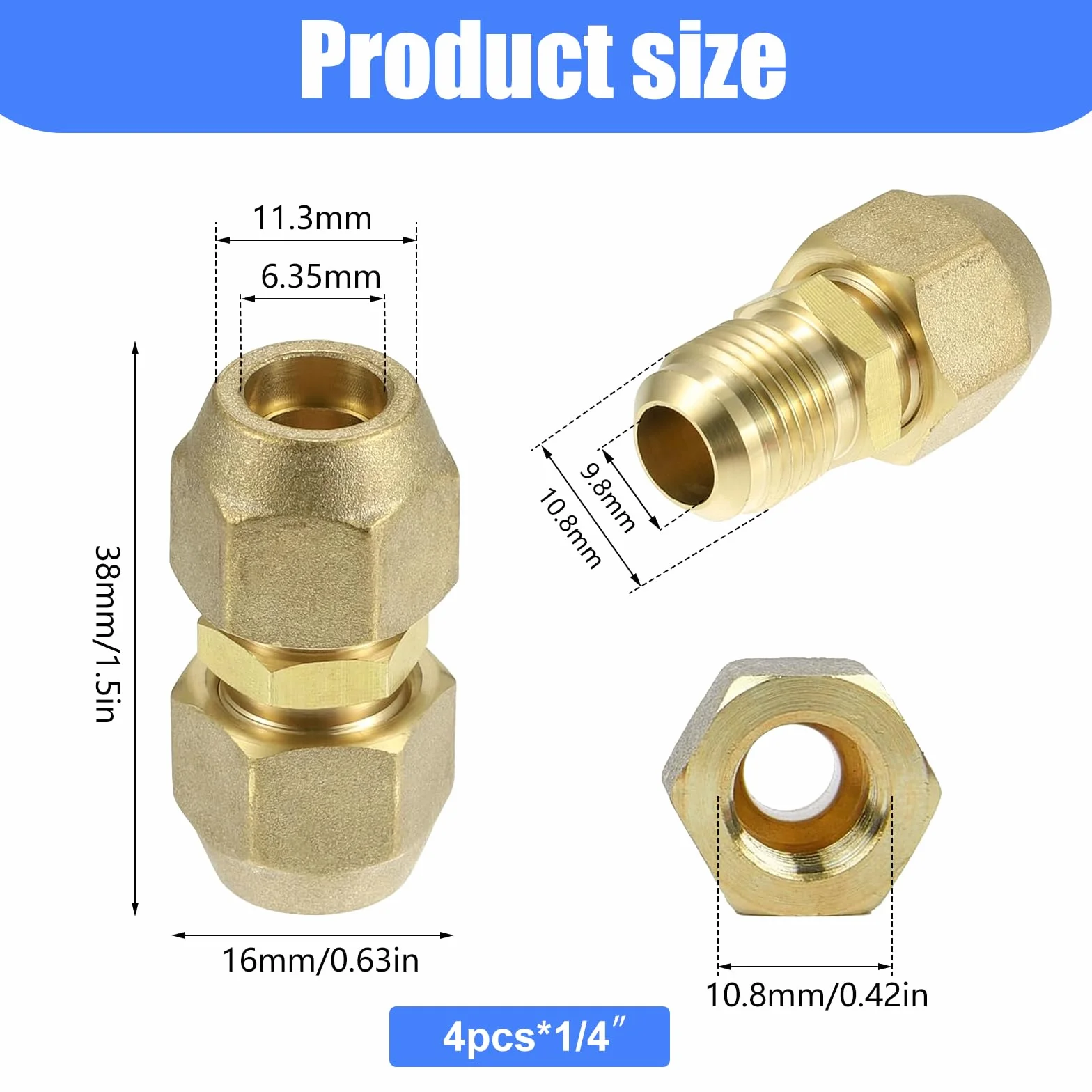 Zestaw 4 złączek do klimatyzacji Split 1/4 cala 10,8 mm gwint do rur miedzianych 6,35-6 mm