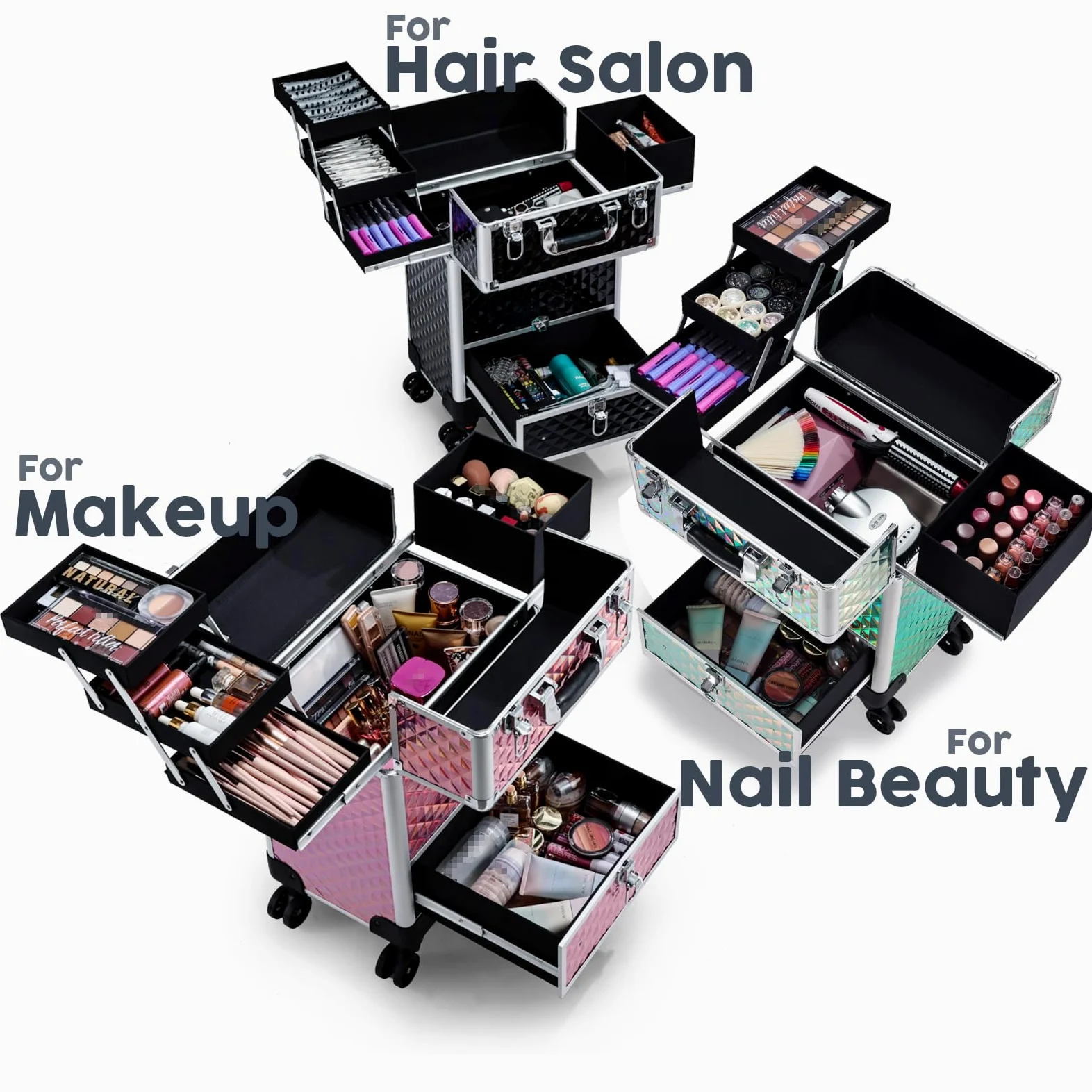 Hododou Rolling Makeup Train Case Przenośny wózek kosmetyczny z kółkami do szuflad, 4 tace, duże dno, Czarny