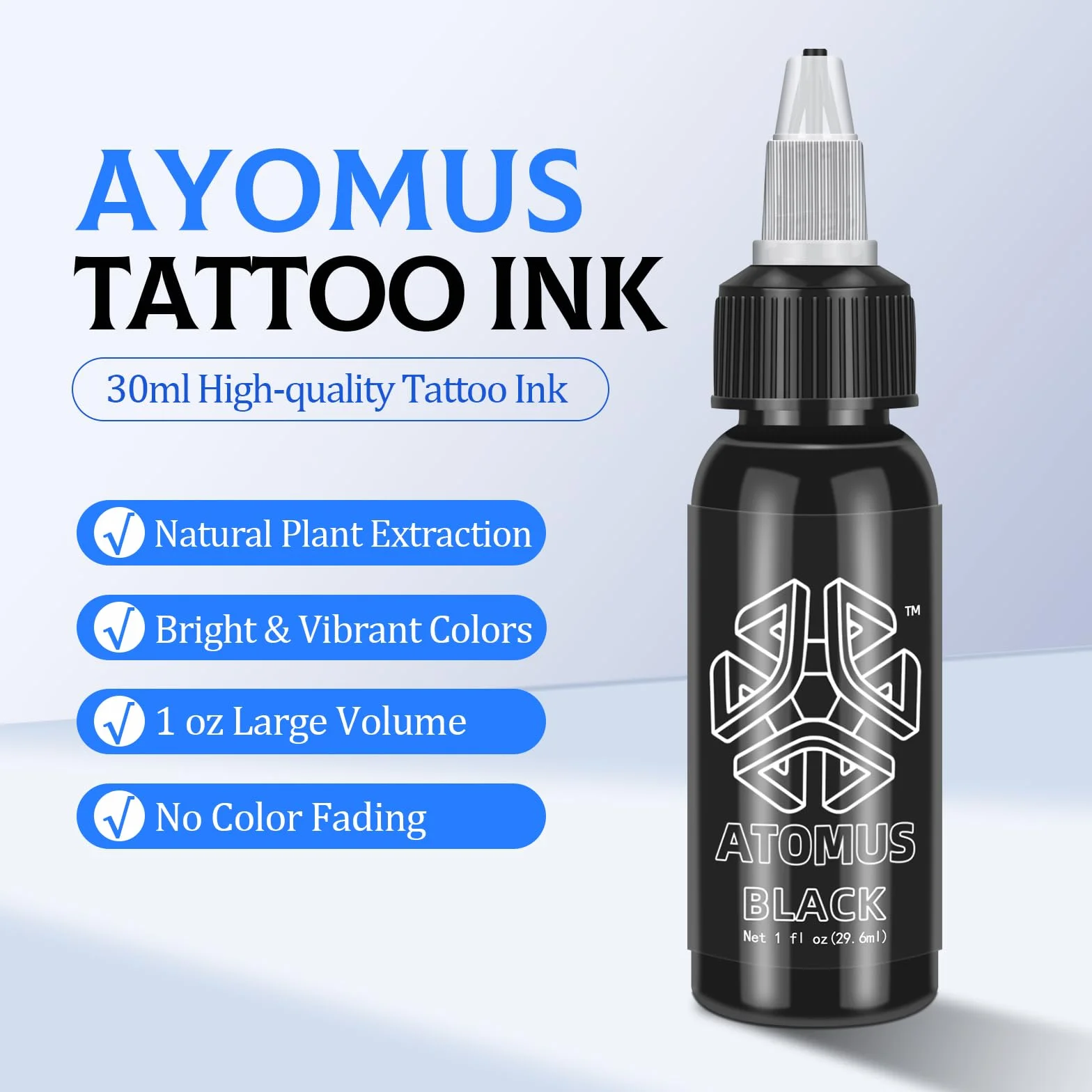 ATOMUS Czarny Tusz do Tatuażu 30ml - Naturalny Pigment Roślinny do Makijażu Permanentnego z 10 Kubeczkami S M L XL