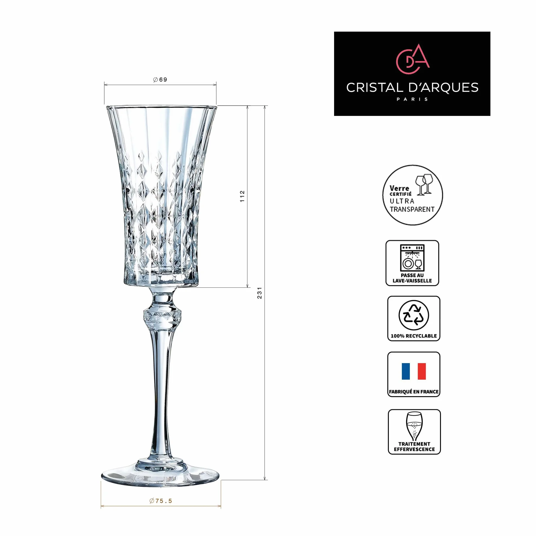 Cristal d'Arques Paris - Kolekcja Lady Diamond - 6 fletów 15 cl - Błyszczący, przezroczystość i wysoka wytrzymałość - Wyprodukowano we Francji - Wzmocnione opakowanie, odpowiednie do sprzedaży online