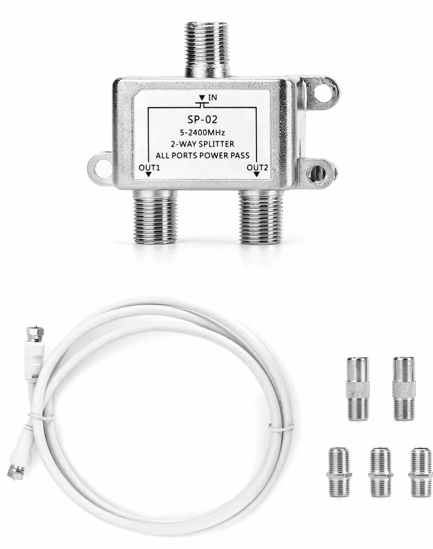 QWORK® Sat rozproszony, 2-drożny split, do systemów satelitarnych, w tym adapter + kabel + 2 x wtyk F do wtyku koncentrycznego + 3 x gniazdo F do złącza koncentrycznego
