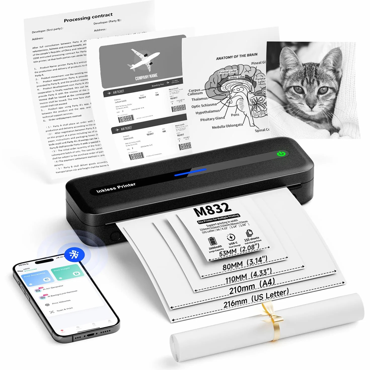 Itari Przenośna drukarka termiczna Bluetooth, format A4, przenośna, ulepszona drukarka 300 DPI, mała drukarka do telefonu komórkowego, przenośna drukarka do podróży, obsługuje wiele rozmiarów, papier
