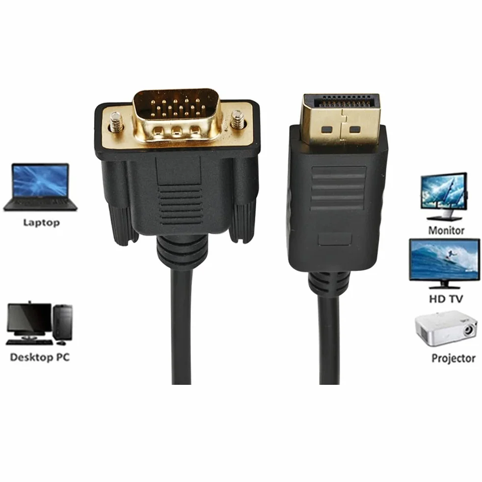 Adapter Kabla na VGA 1,8 M, Męski Konwerter DisplayPort na VGA z Pozłacanymi Złączami, Obsługa Rozdzielczości Wideo 1080P dla Monitora Komputerowego (Black)