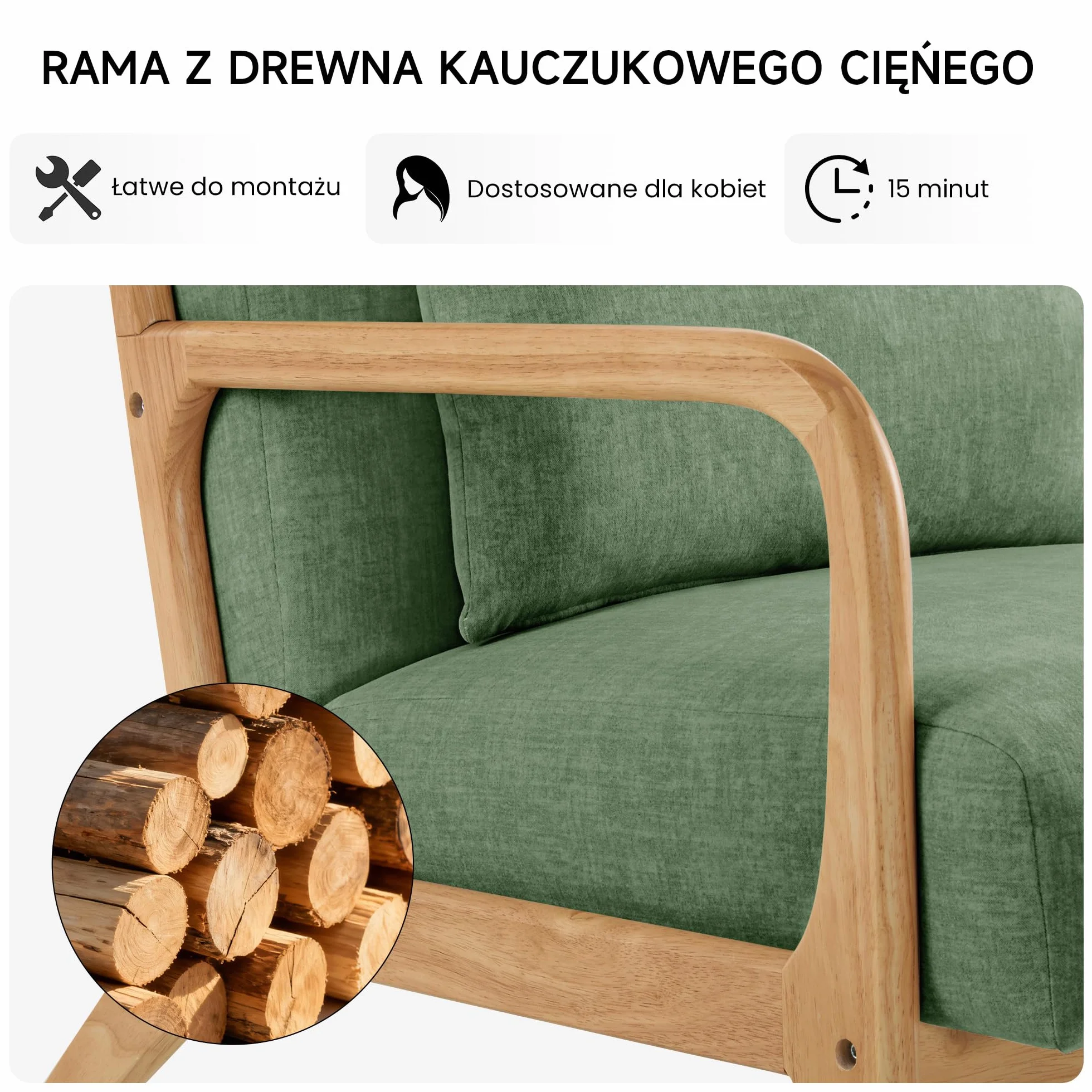 Fotel akcentujący z poduszką i podłokietnikami, drewniana rama, tapicerowany, styl połowy wieku, zielony