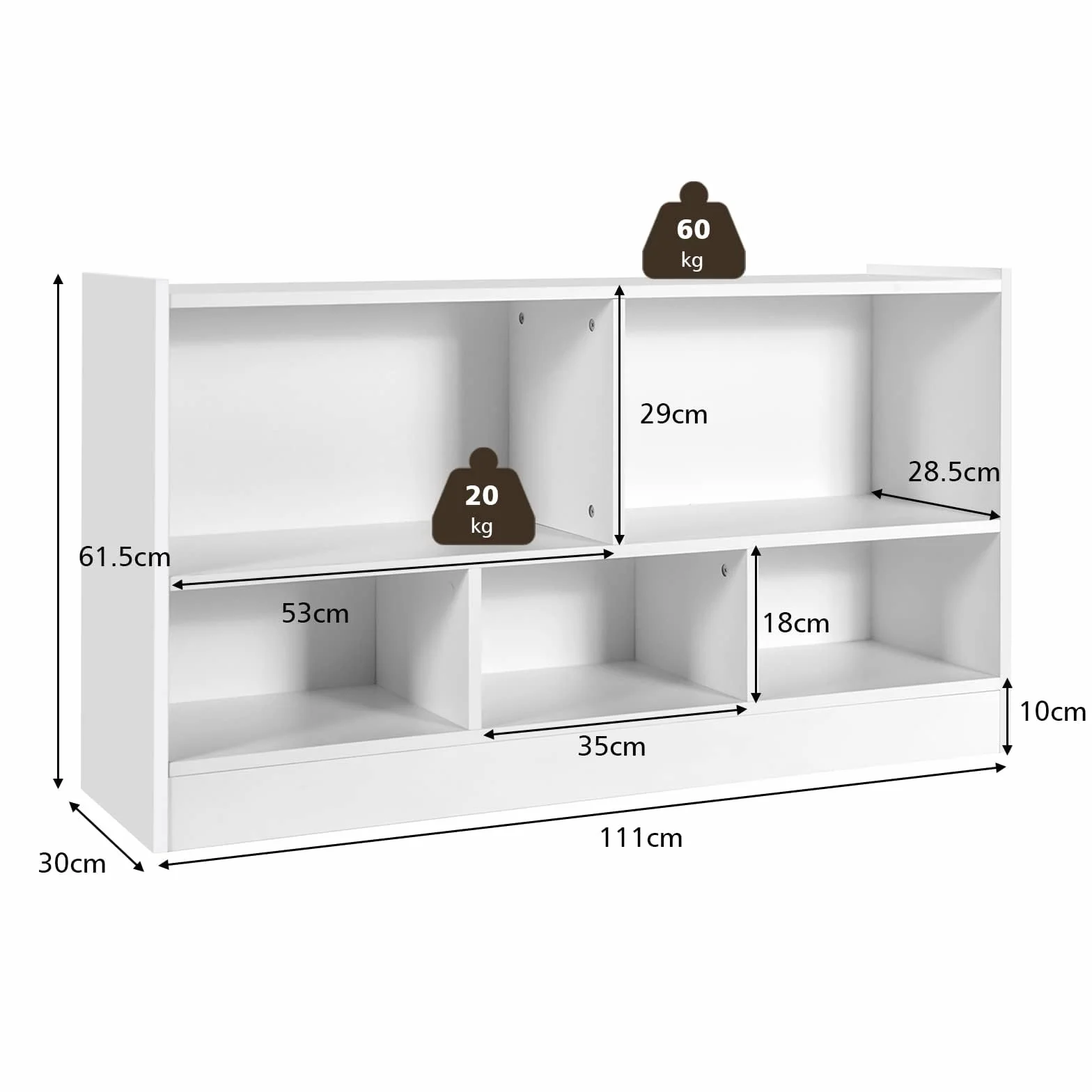 COSTWAY Drewniana szafka na zabawki dla dzieci 111x30x61,5 cm biała
